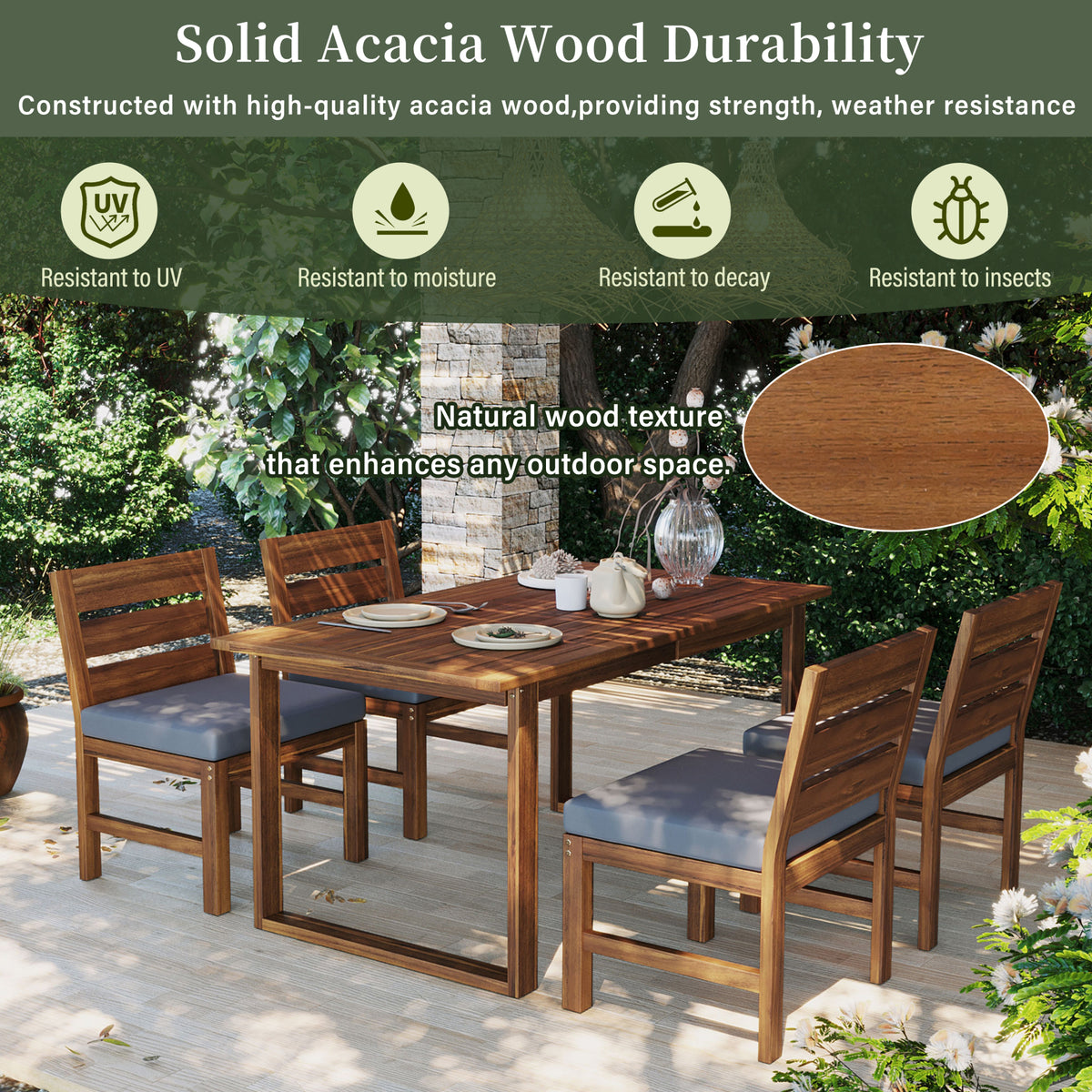 variant-group:rf-n711wy000497aae|Roomfitters Farmhouse 5-Piece Outdoor Dining Set for 4, Acacia Wood Table and Chair Pack, Brown and Grey Slatted