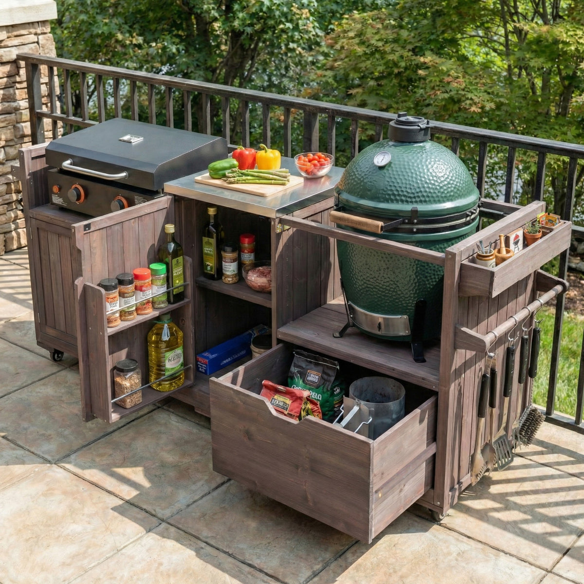 variant-group:rf-n707p392140z|Roomfitters 80.5" Extra Large Grill Cart, Outdoor Kitchen Prep Station with Stainless Steel Top & Kamado Grill Stand, Dark Brown