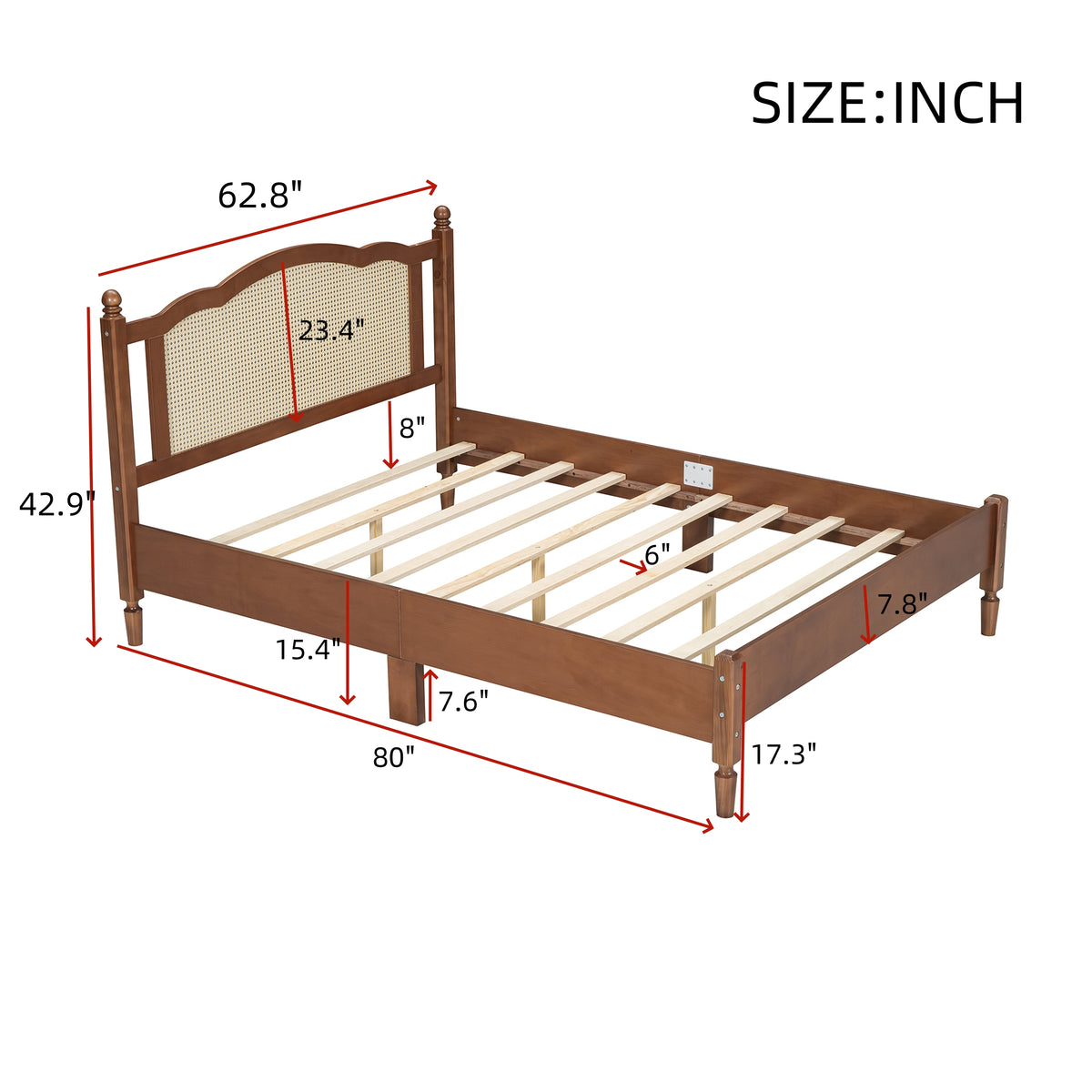 variant-group:rf-n733p180013d|Roomfitters Queen Size Wooden Platform Bed with Natural Rattan Headboard, Stylish Vintage Bed Frame with Durable Wooden Slat Support for a Sophisticated Look, Walnut