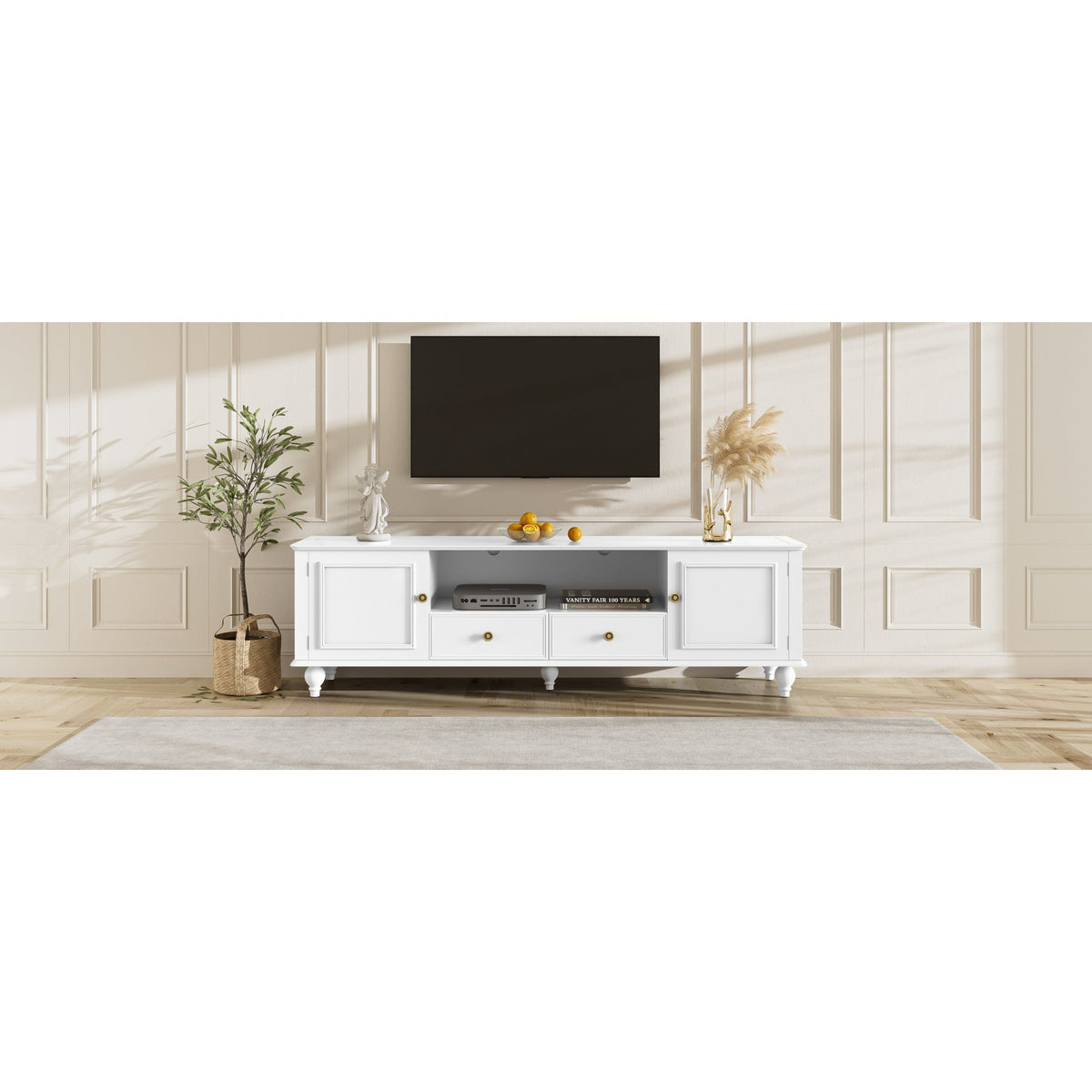 Roomfitters Modern TV Stand for up to 80 Inch TV, Entertainment Console with Drawers, Cabinets and Open Storage, White Roomfitters