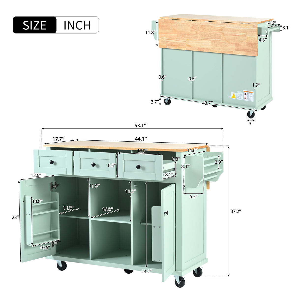 variant-group:rf-n707wf298028aae|Roomfitters Kitchen Cart with Rubber Wood Drop-Leaf Countertop, Cabinet Door Storage Racks, 5-Wheel Kitchen Island with Storage Cabinet & 3 Drawers, Mint Green