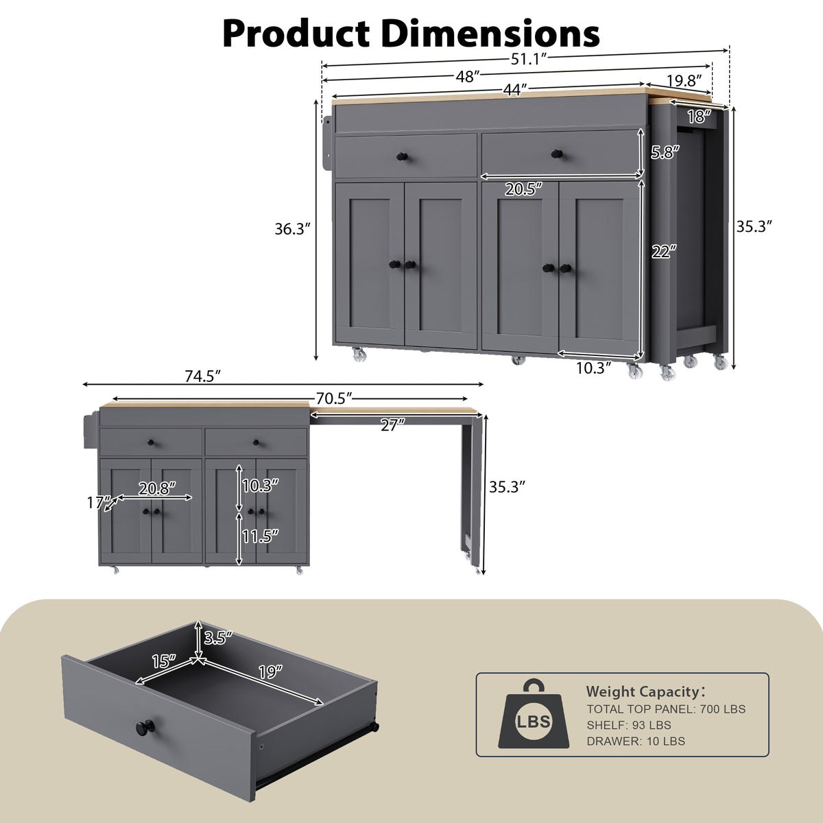 variant-group:rf-n707p333291g|Roomfitters 74.8" Rolling Kitchen Island with Extendable Dining Table, Mobile Cart with 4 Doors, 2 Drawers & Spice Rack, Grey
