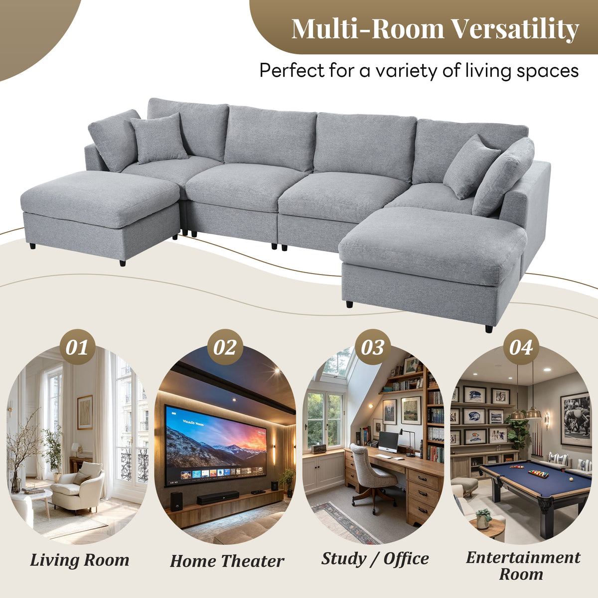 variant-group:rf-n711wy000474aae|Roomfitters 128.2-Inch Customizable U-Shaped Sectional Sofa, 6-Seater Chenille Couch, 2 Movable Ottomans, Pit Lounge, Grey