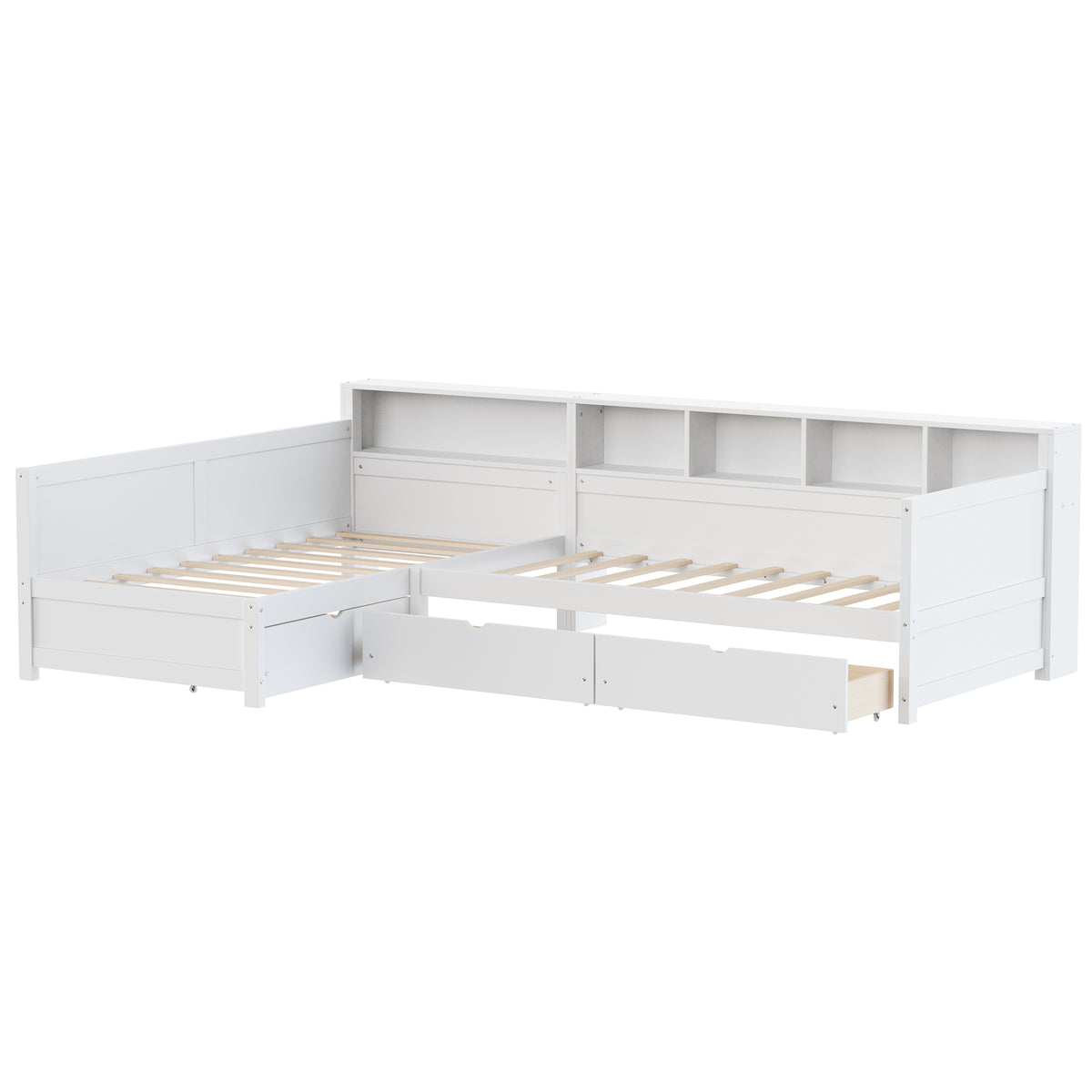 variant-group:rf-n733s369272k|Roomfitters Twin L-Shaped Daybed for 2 with 3 Storage Drawers, Wooden Corner Bed Frame with Bookshelf for Bedroom, White