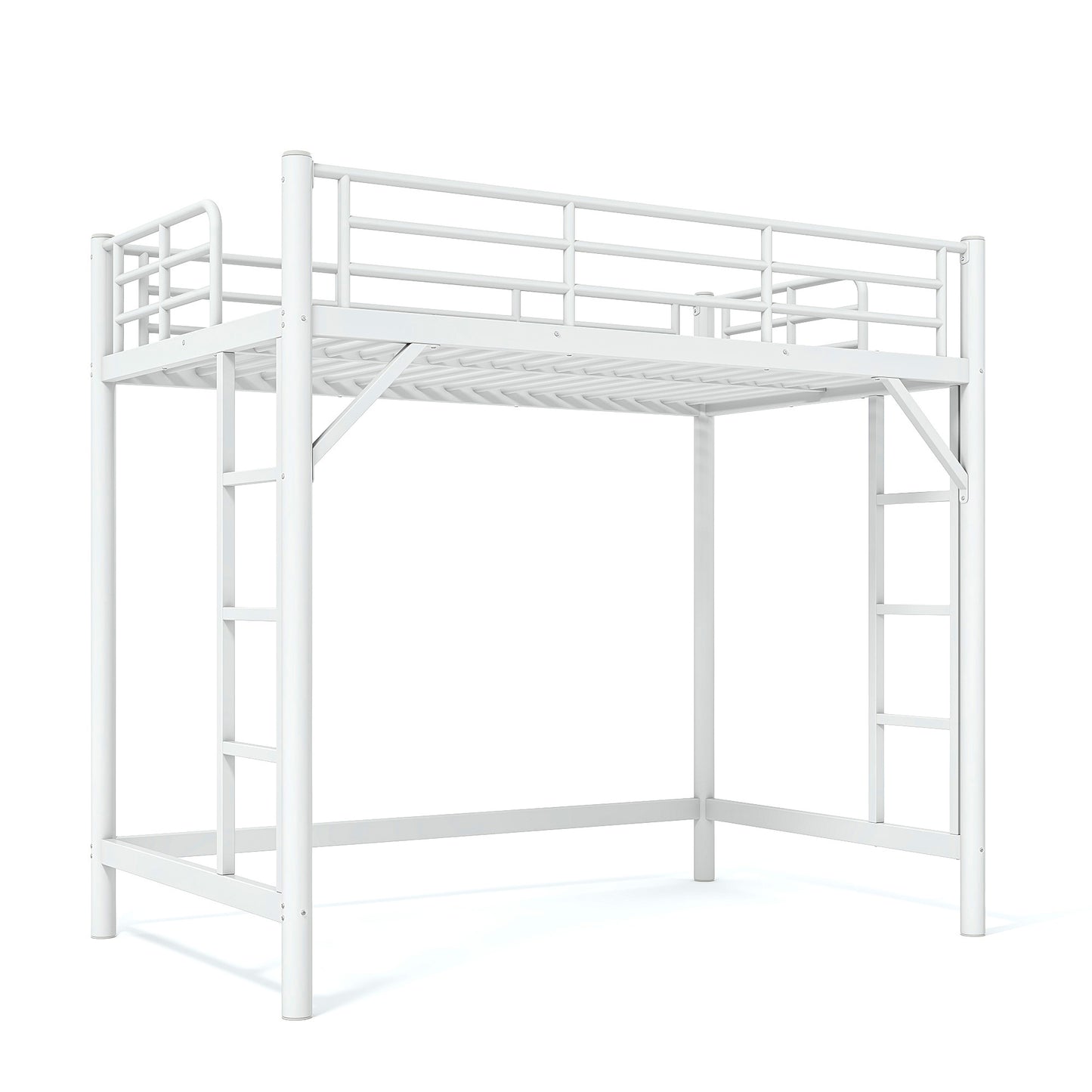 variant-group:rf-w1580p455012|Roomfitters Twin Size Metal Loft Bed Frame with Guardrails, Heavy Duty Space Saving High Loft Bed Dual Ladders, White