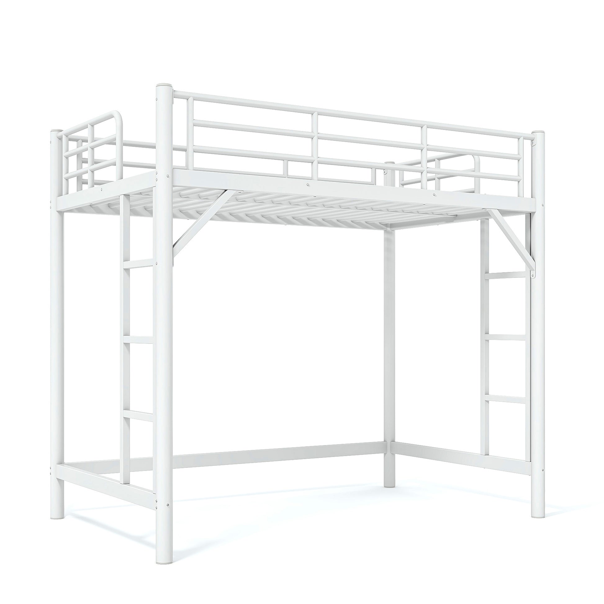 variant-group:rf-w1580p455012|Roomfitters Twin Size Metal Loft Bed Frame with Guardrails, Heavy Duty Space Saving High Loft Bed Dual Ladders, White