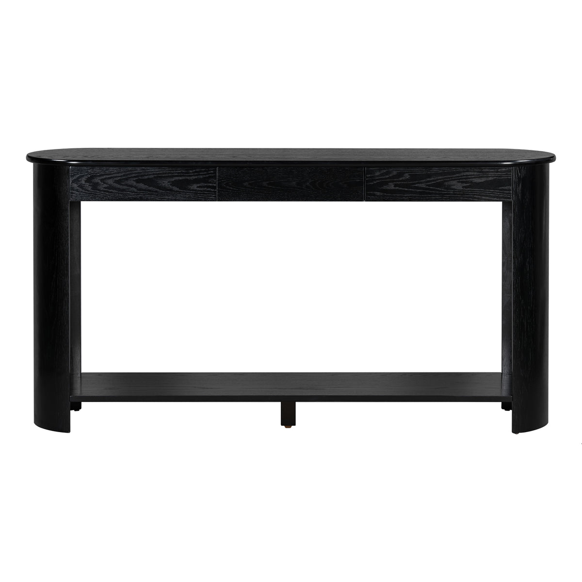 variant-group:rf-n711p395523b|Roomfitters Modern Farmhouse Black Oak Veneer Semi-Circular Console Table with 3 Drawers and Open Bottom Storage Shelf