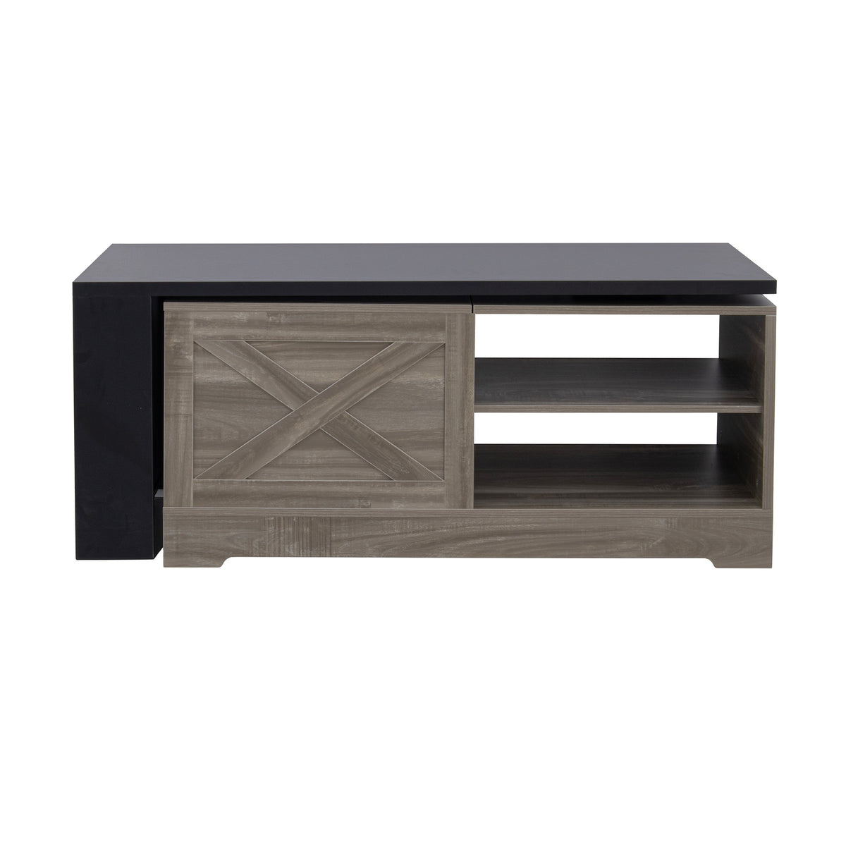variant-group:rf-n724p351732e|Roomfitters Farmhouse Lift Top Coffee Table with Barn Doors and Outlets, Brown & Black