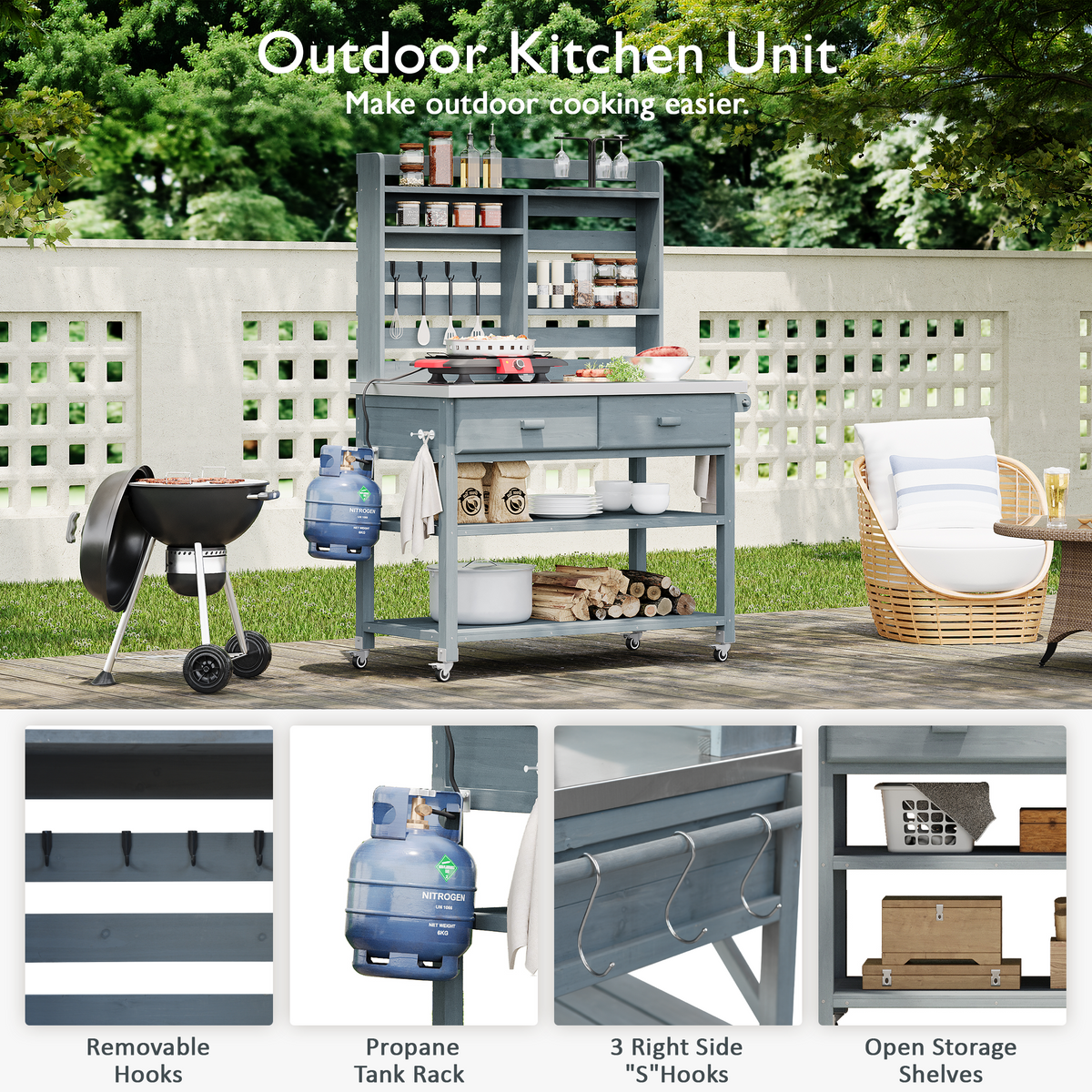variant-group:rf-n707p228274g|Roomfitters 64.9" Outdoor Potting Bench Table, Rolling Kitchen Island with Hutch, Stainless Steel Top, Storage, Grey Blue