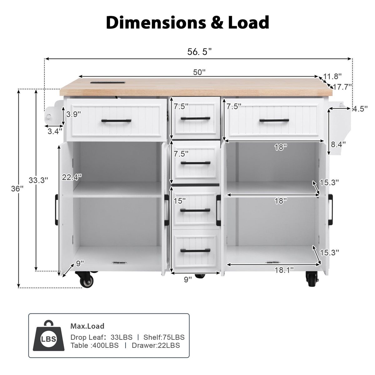 Roomfitters 56.5" Kitchen Island with Drop Leaf, Rolling Kitchen Cart with 5 Storage Drawers, Spice Rack & Towel Holder, White