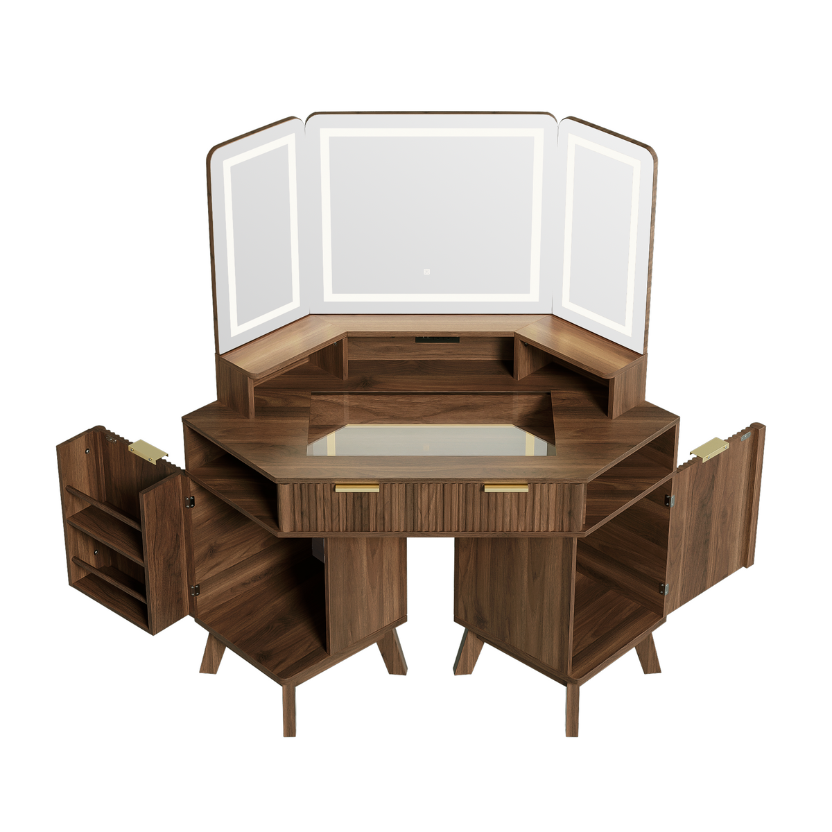 variant-group:rf-n704p392485p|Roomfitters 47.2" Corner Makeup Vanity Desk with 3-Panel LED Mirror, Glass Top, Charging Station and Storage Hutch, Walnut
