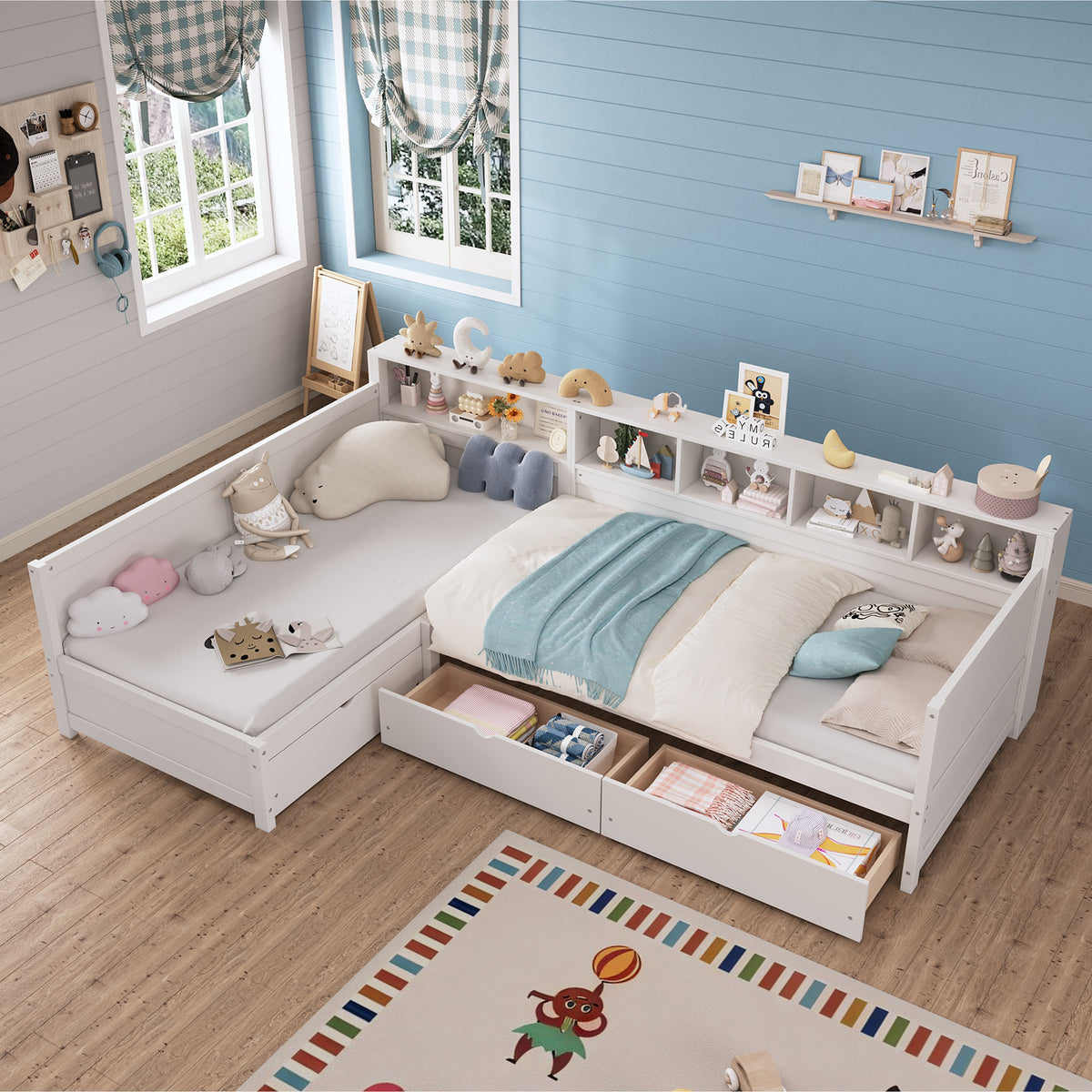 variant-group:rf-n733s369272k|Roomfitters Twin L-Shaped Daybed for 2 with 3 Storage Drawers, Wooden Corner Bed Frame with Bookshelf for Bedroom, White