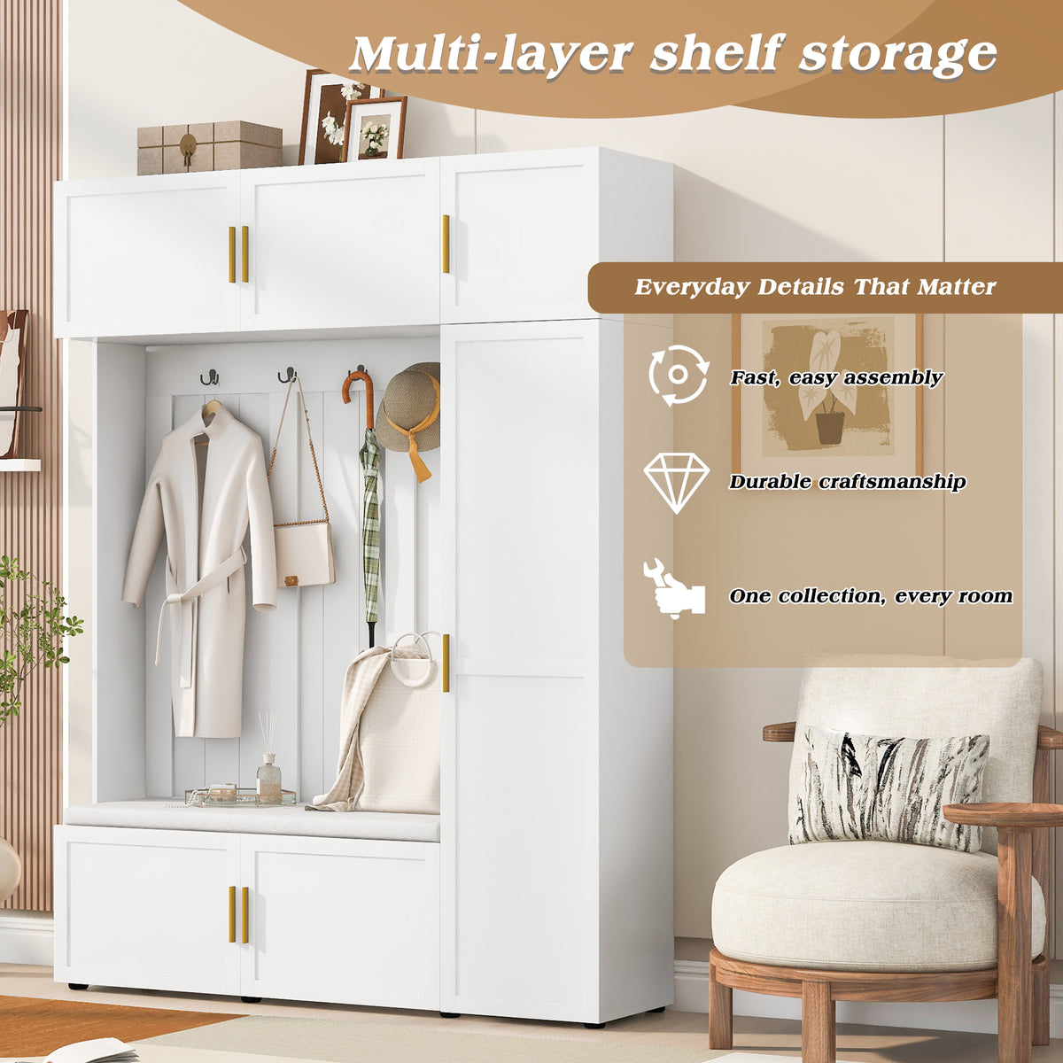 variant-group:rf-n724sj000166aak|Roomfitters American Style 4-in-1 Hall Tree, Upholstered Entryway Bench, Ancient White