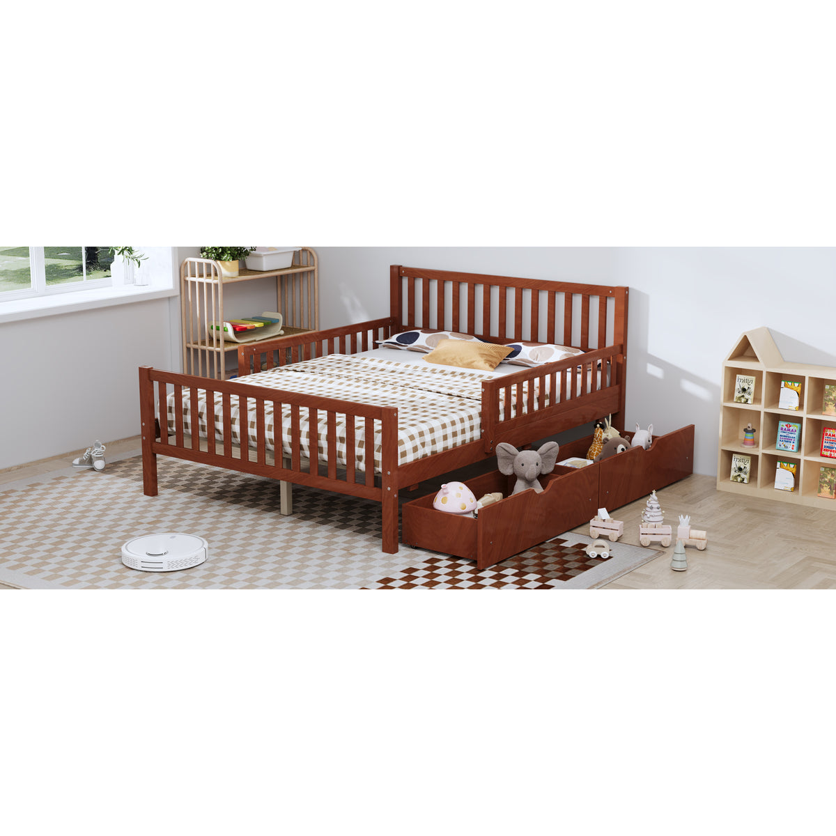 variant-group:rf-n733p172700d|Roomfitters Full Size Wood Platform Bed with Guardrails and 2 Storage Drawers, Walnut