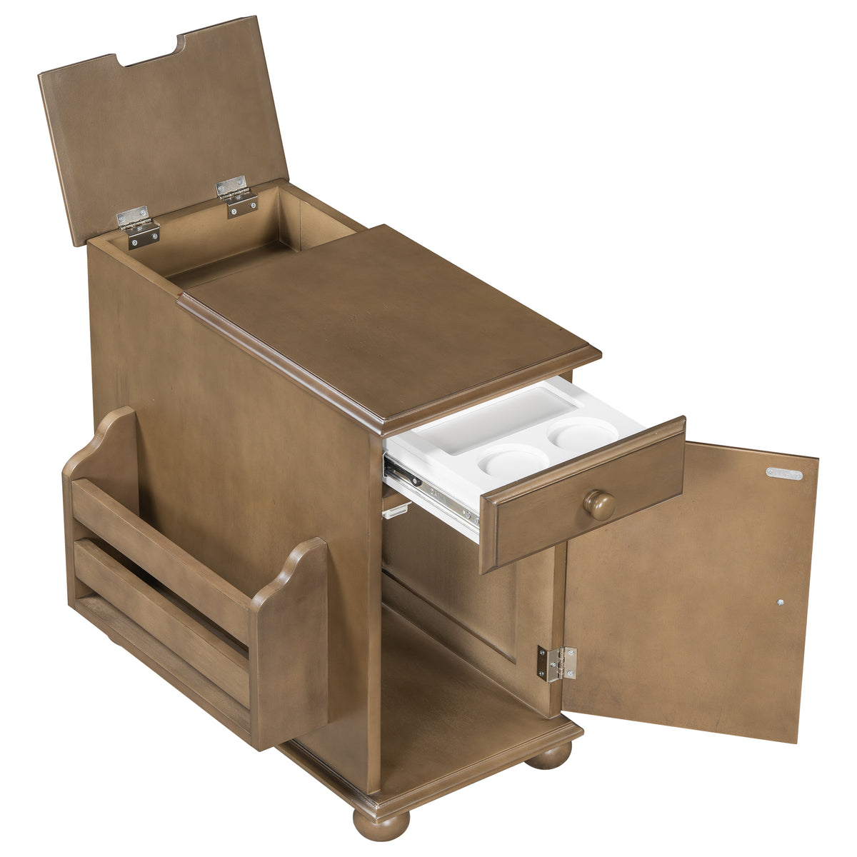 variant-group:rf-n724p293133d|Roomfitters Vintage Sofa Side Table with USB Ports, Flip Top, Cup Holders and Bookshelf Storage for Small Spaces, Brown
