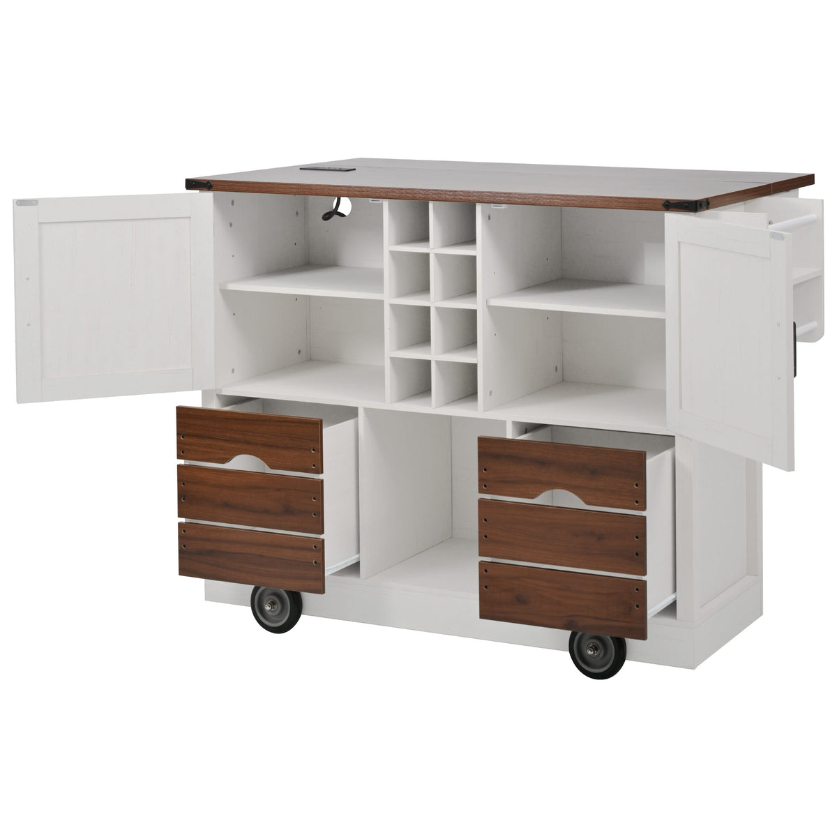 variant-group:rf-n707p349814w|Roomfitters 54" Farmhouse Kitchen Island with Drop Leaf, Power Outlet, Wine Rack, 2 Drawers, 2 Doors, White