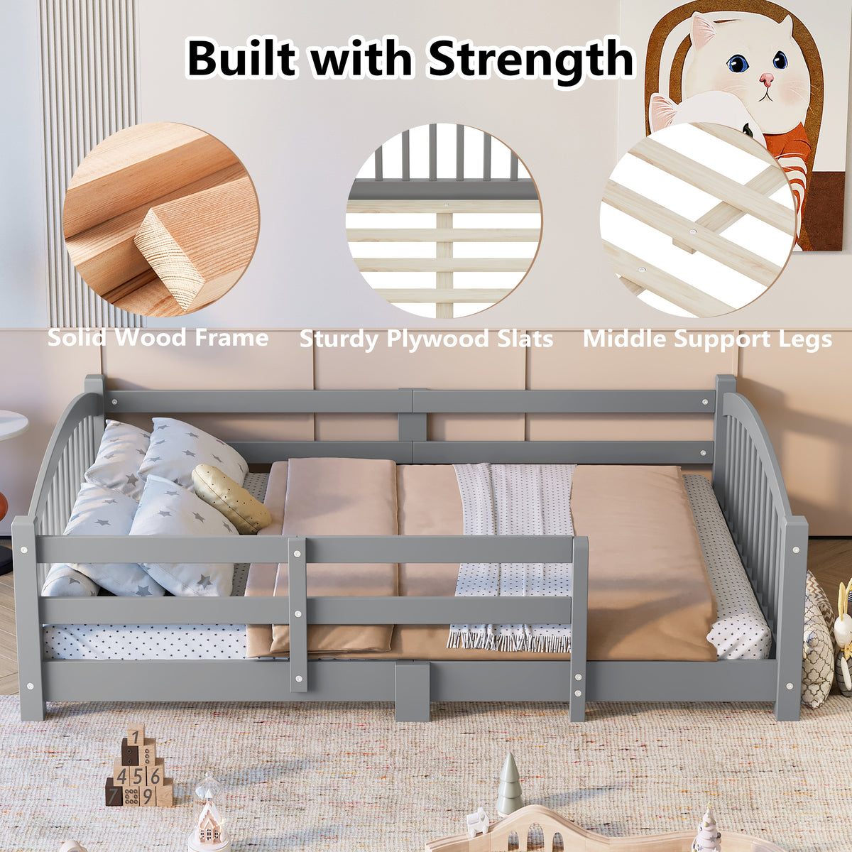 variant-group:rf-n733p400299e|Roomfitters Full Montessori Floor Bed with Guardrails, Solid Wood Low Platform Bed with Slats, Easy Assembly, Gray