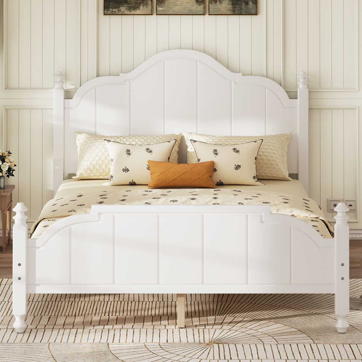variant-group:rf-n733p360940k|Roomfitters Queen Wood Platform Bed Frame with Curved Headboard, Vintage Style Slat Support, No Box Spring Required, White
