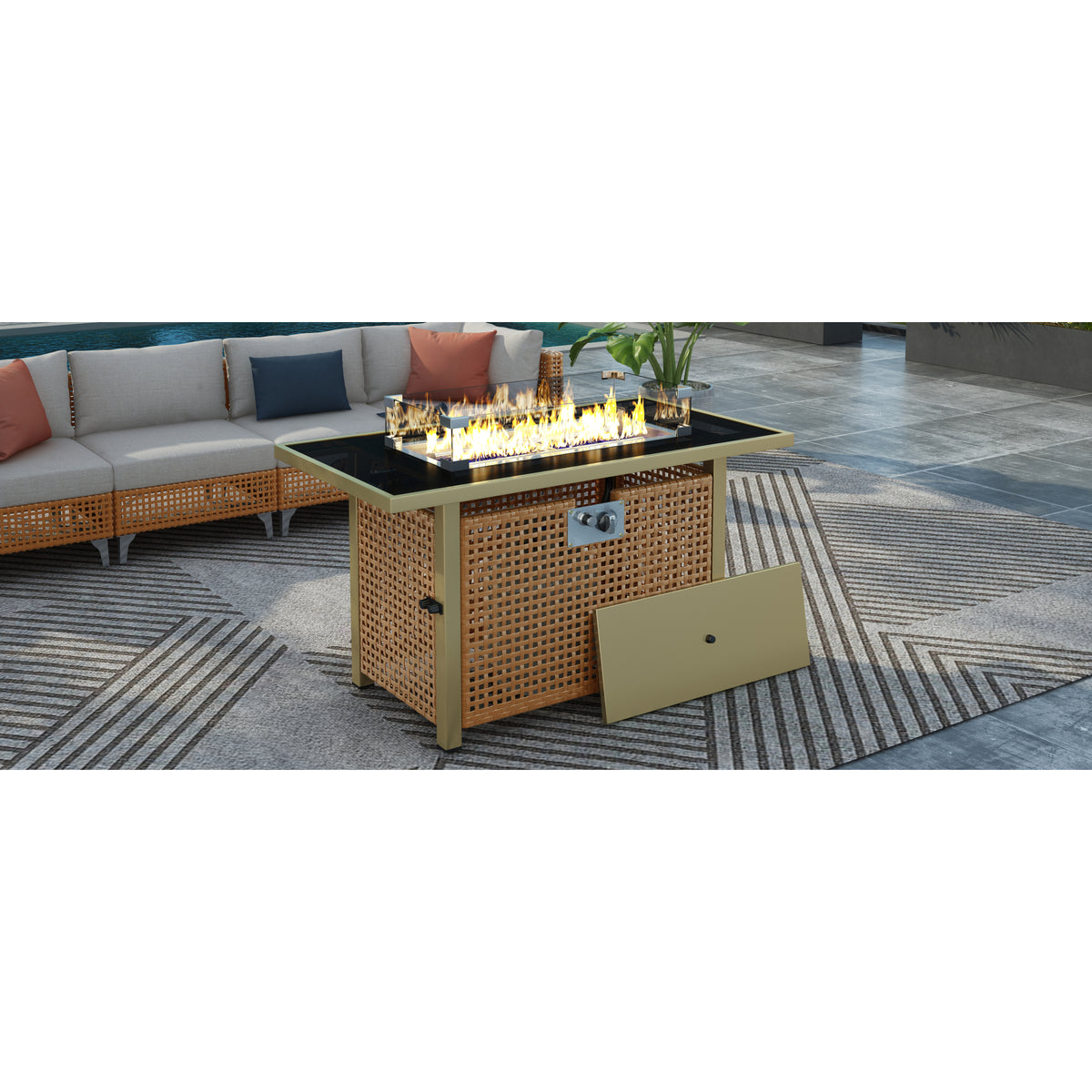variant-group:rf-n707p210158z|Roomfitters 43" Propane Fire Pit Table, 60,000 BTU Rectangular Wicker Fire Pit with Glass Wind Guard for Patio, Natural