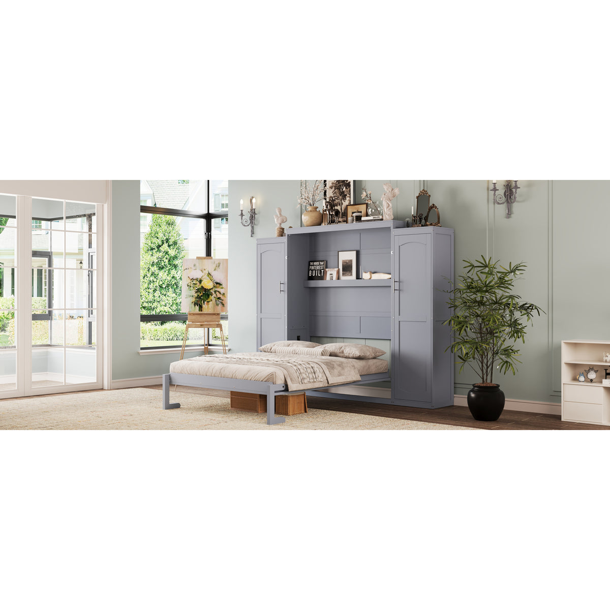 variant-group:rf-n733s235596e|Roomfitters Full Murphy Wall Bed with Two Wardrobes and Storage Shelf, Foldable Platform Bed Frame for Guest Room, Gray