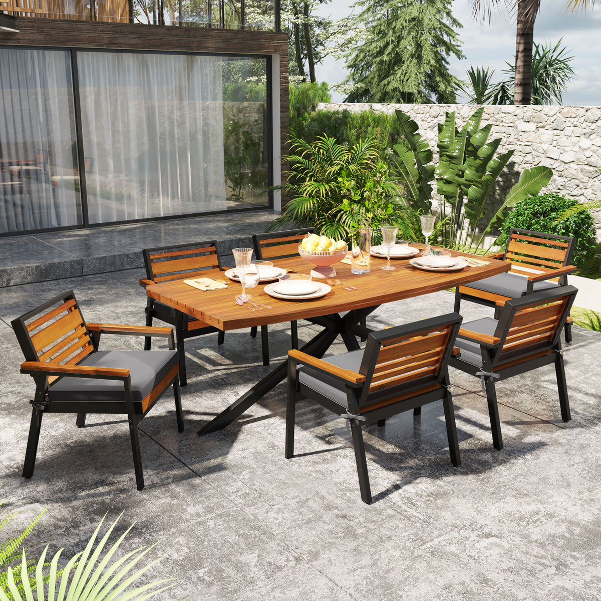 variant-group:rf-n704g201259e|Roomfitters Modern 7-Piece Patio Dining Set with Powder-Coated Iron Frame and Detachable Gray Cushions