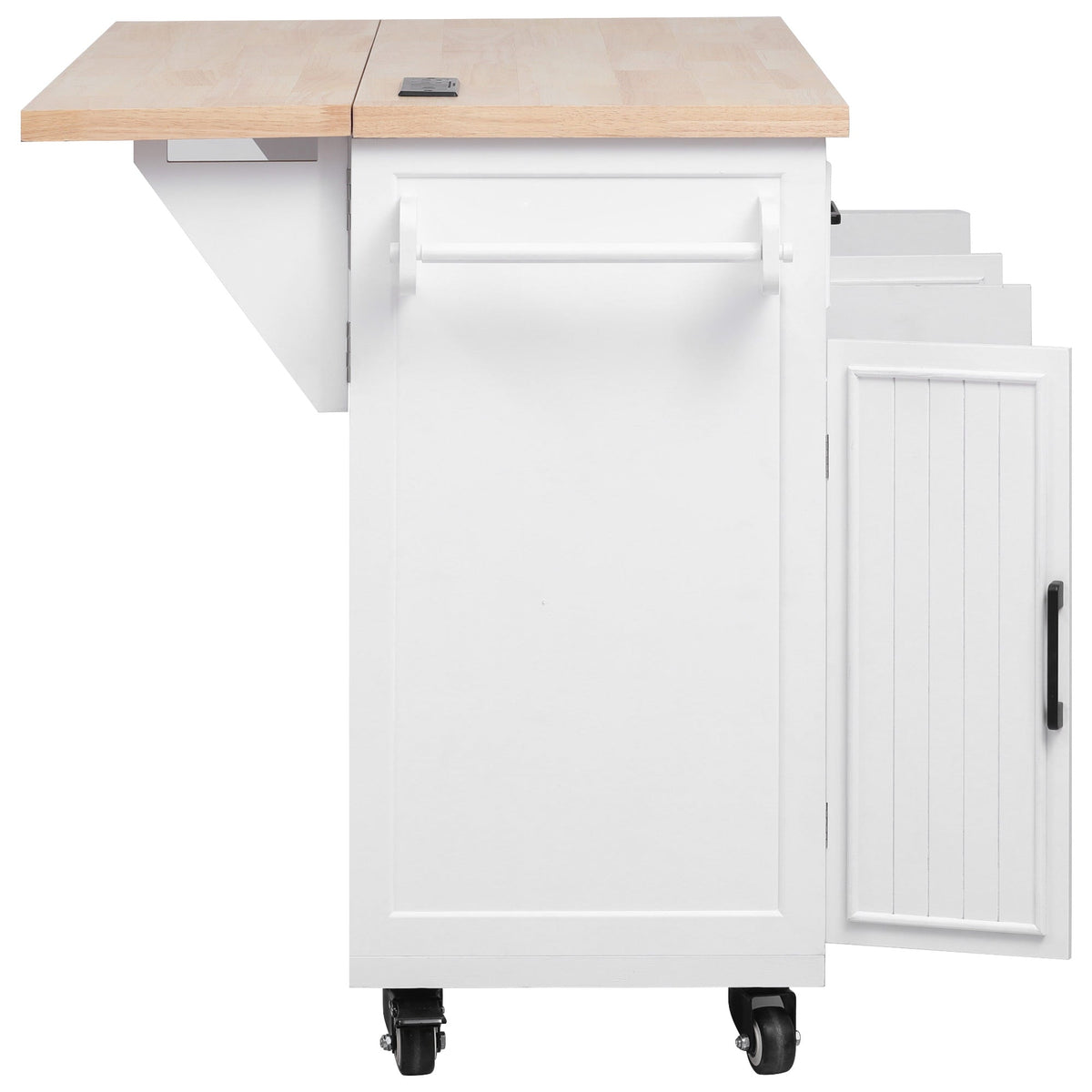 Roomfitters 56.5" Kitchen Island with Drop Leaf, Rolling Kitchen Cart with 5 Storage Drawers, Spice Rack & Towel Holder, White