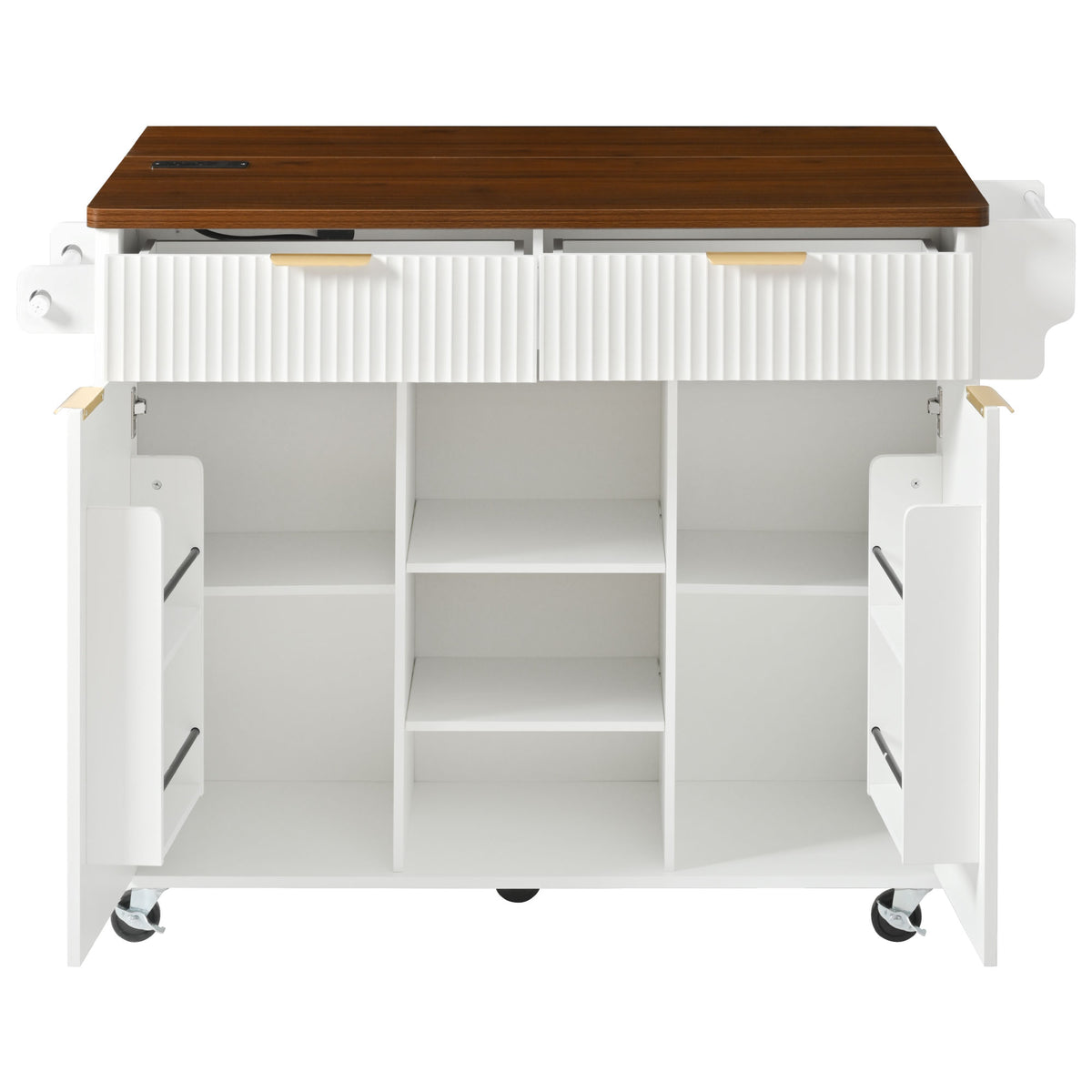 variant-group:rf-n707s000019w|Roomfitters 52" Fluted Kitchen Island with Drop Leaf, Power Outlet & Walnut Wood-Grain Top, White