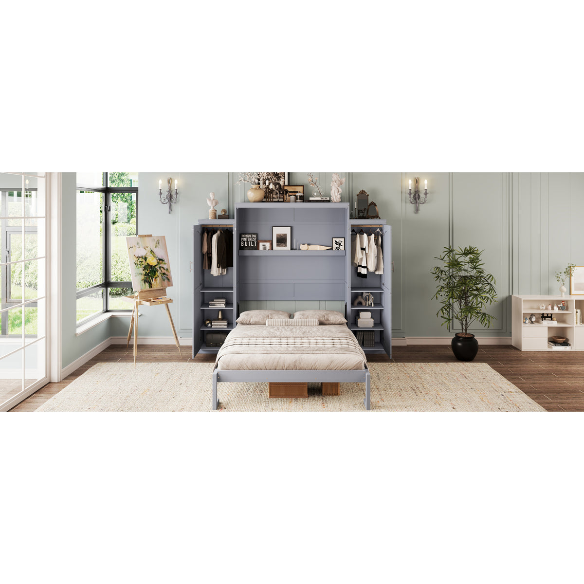 variant-group:rf-n733s235627e|Roomfitters Queen Murphy Wall Bed with Two Wardrobes and Storage Shelf, Foldable Platform Bed Frame for Guest Room, Gray
