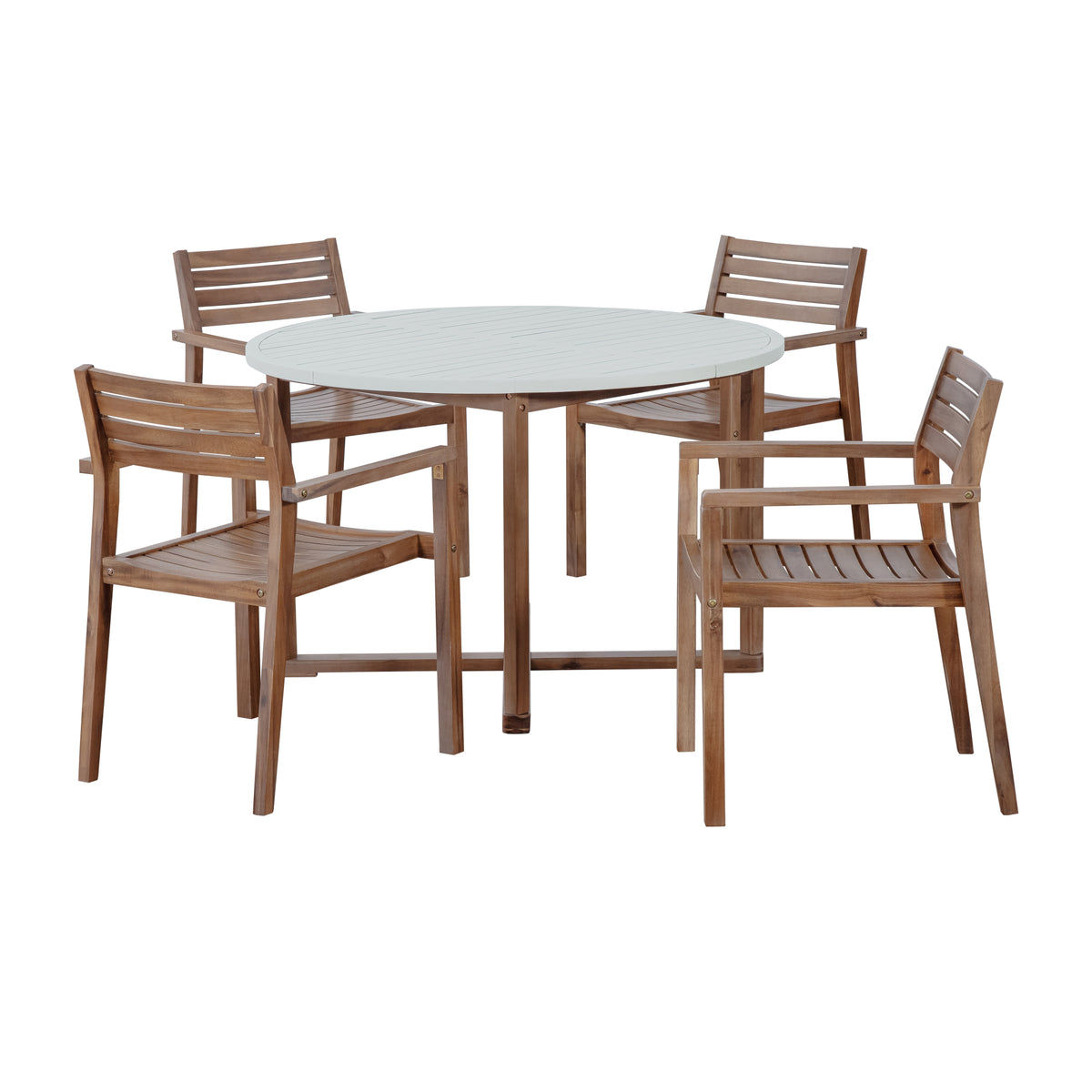 variant-group:rf-n711wy000475aad|Roomfitters 5-Piece Outdoor Dining Set for 4, 47.2-Inch Round Acacia Wood Table, Light Grey Slatted Patio Group