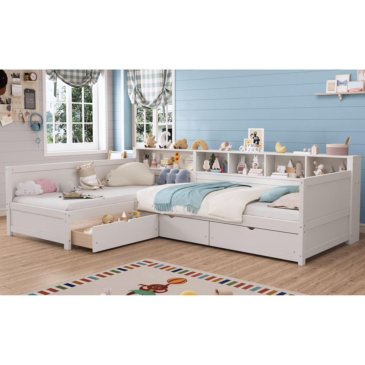 variant-group:rf-n733s369272k|Roomfitters Twin L-Shaped Daybed for 2 with 3 Storage Drawers, Wooden Corner Bed Frame with Bookshelf for Bedroom, White