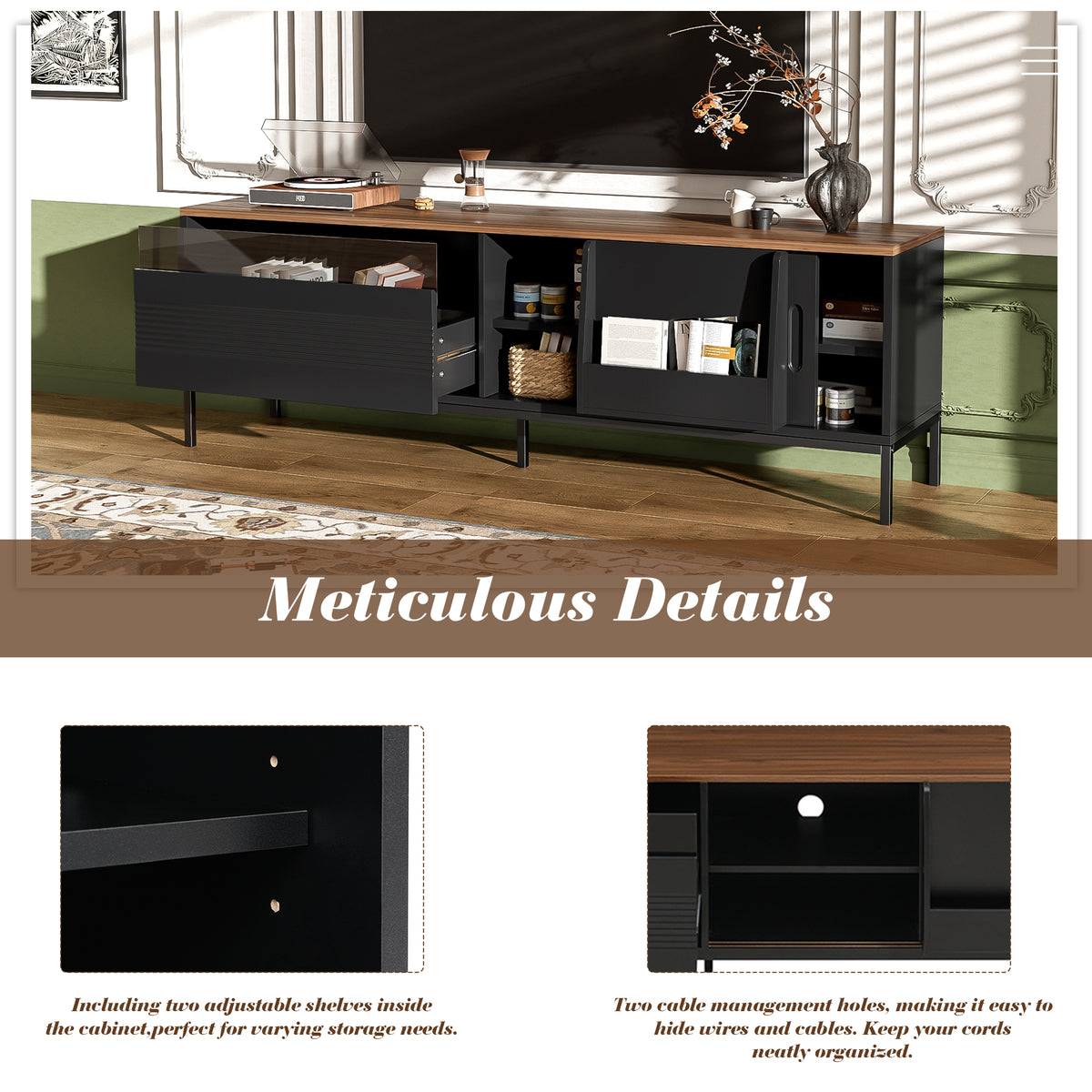 variant-group:rf-n724p360370b|Roomfitters Mid-Century Modern 70" TV Stand Console with Sliding Doors, Black