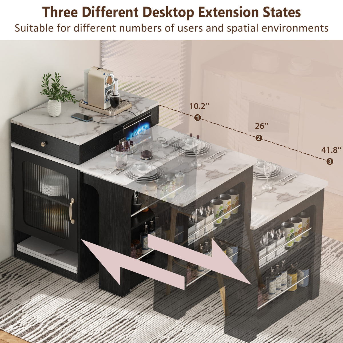 variant-group:rf-n707s000017b|Roomfitters 59.5" Kitchen Island with 41.8" Extendable Dining Table, Double-Sided Storage, Power Outlet, 2 Drawers, Black