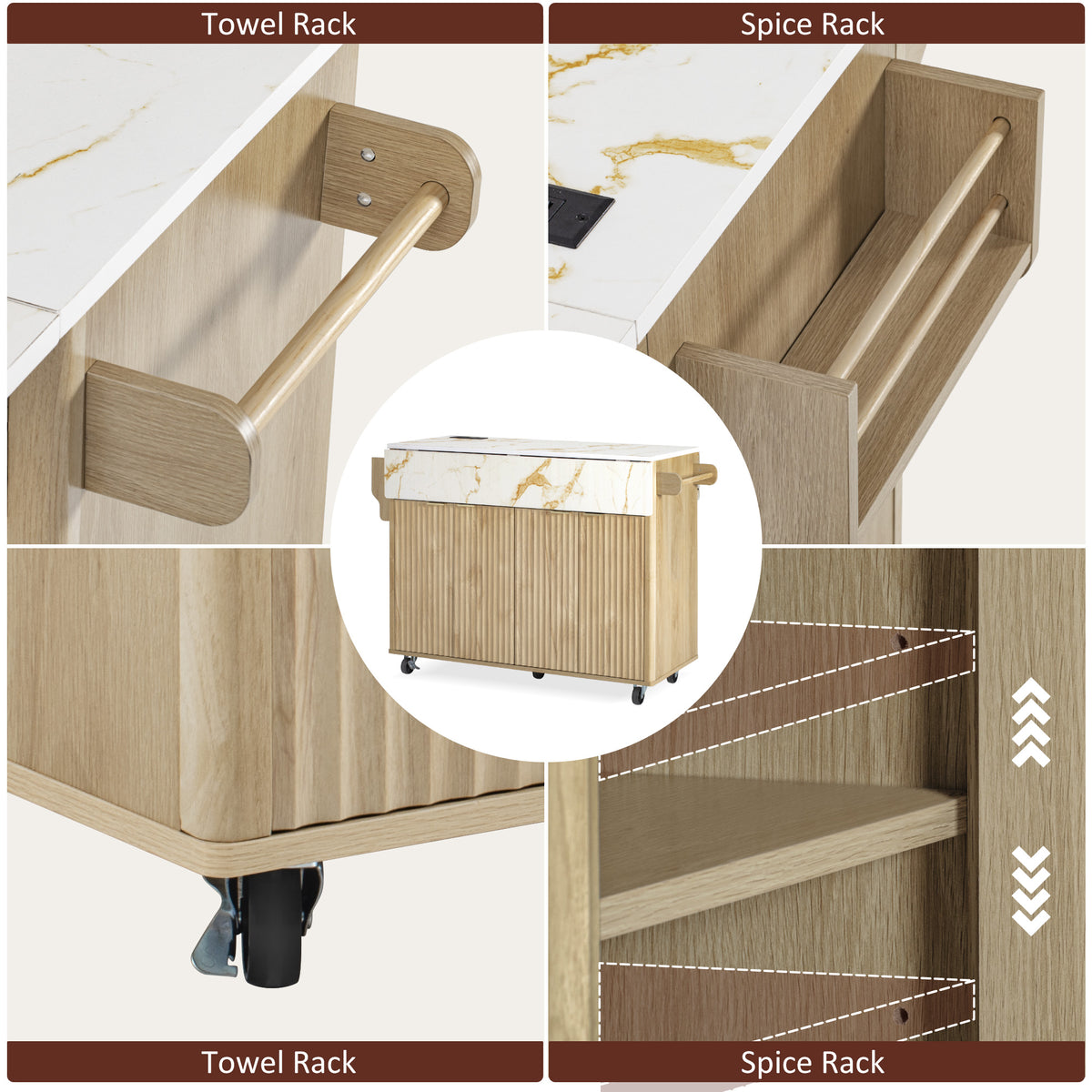variant-group:rf-n707p353934y|Roomfitters 55.5" Fluted Kitchen Island with Double Drop Leaf, Natural Storage Cart with Power Outlet & Faux Marble Top
