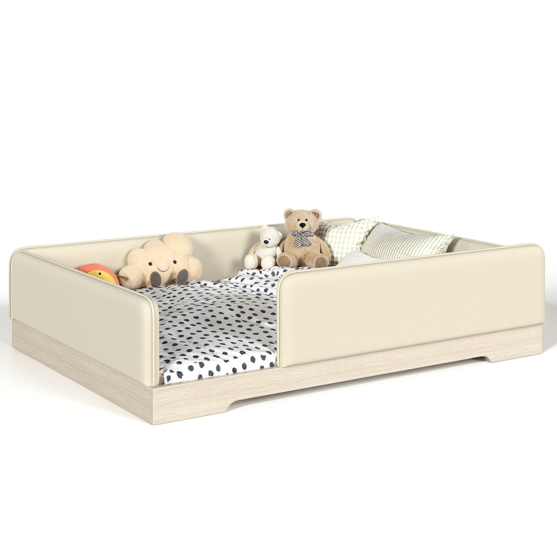 variant-group:rf-w1580s00673|Roomfitters Queen Size Upholstered Floor Bed Frame with Removable Guardrails, Faux Leather Low Profile Platform, Beige
