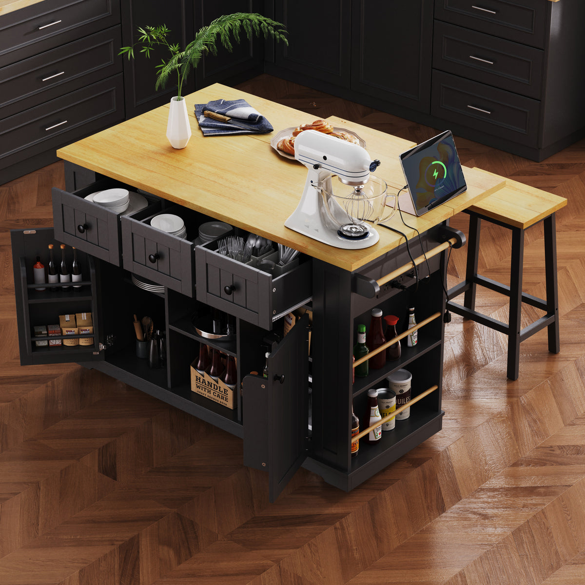 variant-group:rf-n707s003007b|Roomfitters 53" Kitchen Island with 2 Bar Stools, Drop Leaf, Power Outlet, Rolling Kitchen Cart Set with Storage, Black