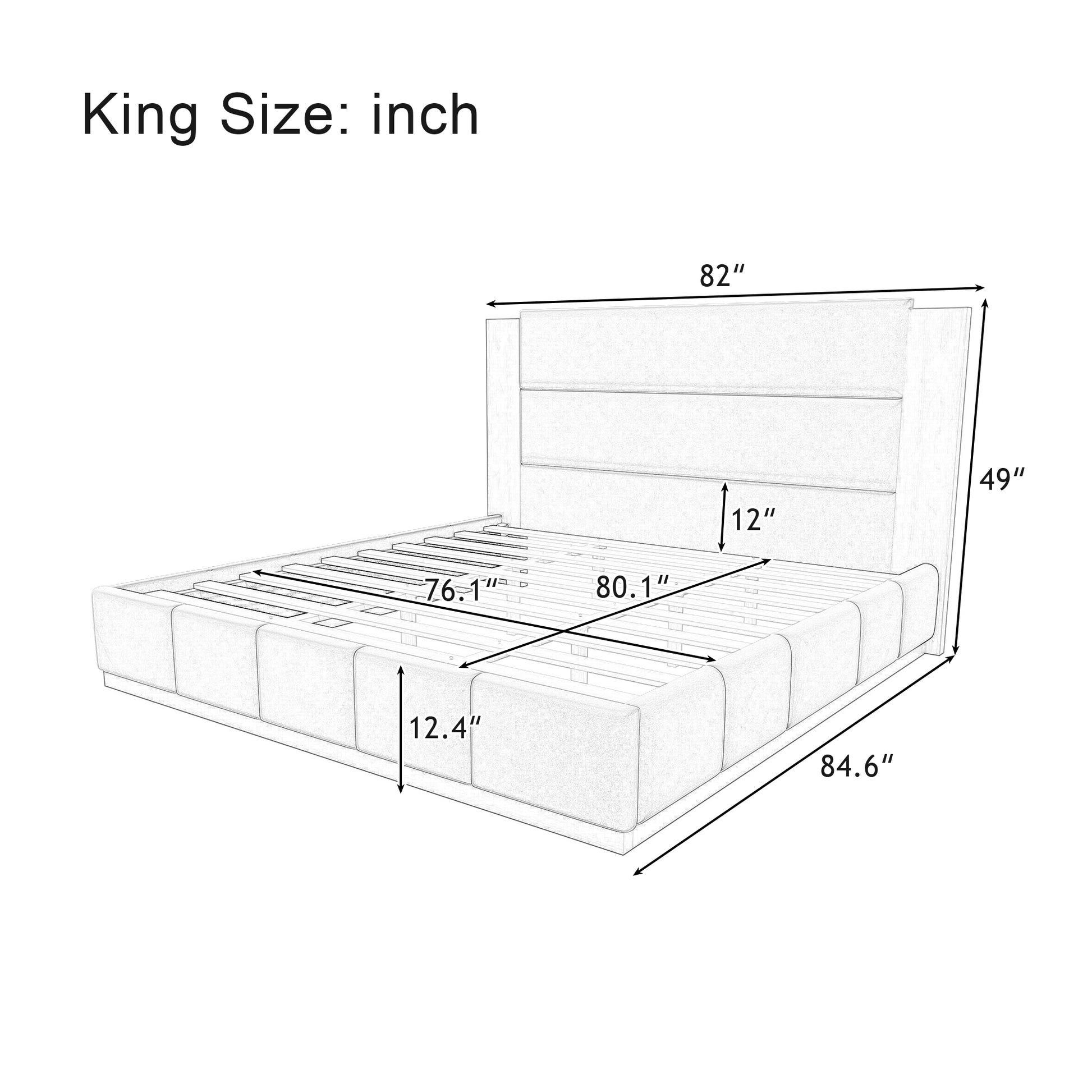 variant-group:rf-n701bs701p388105e|Roomfitters King Size Upholstered Platform Bed Frame, Extended Wood Headboard Velvet Bed, No Box Spring Needed, Grey