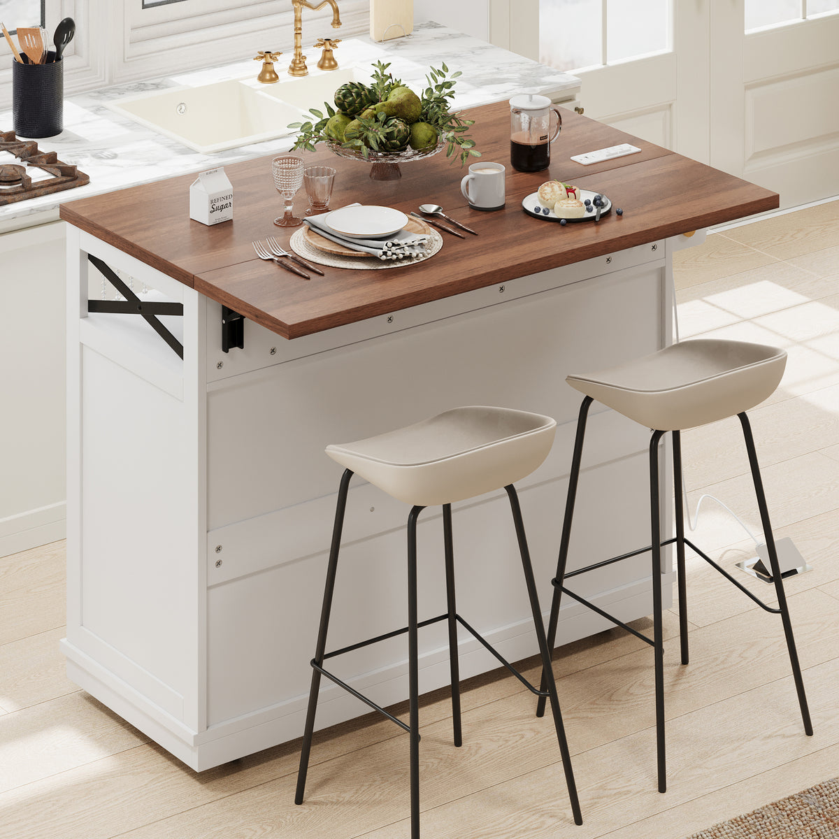 variant-group:rf-n707p254872w|Roomfitters 46.5" Rolling Kitchen Island with Drop Leaf, Mobile Cart with 2 AC Outlets & USB, Beaded Drape & 3 Drawers, White