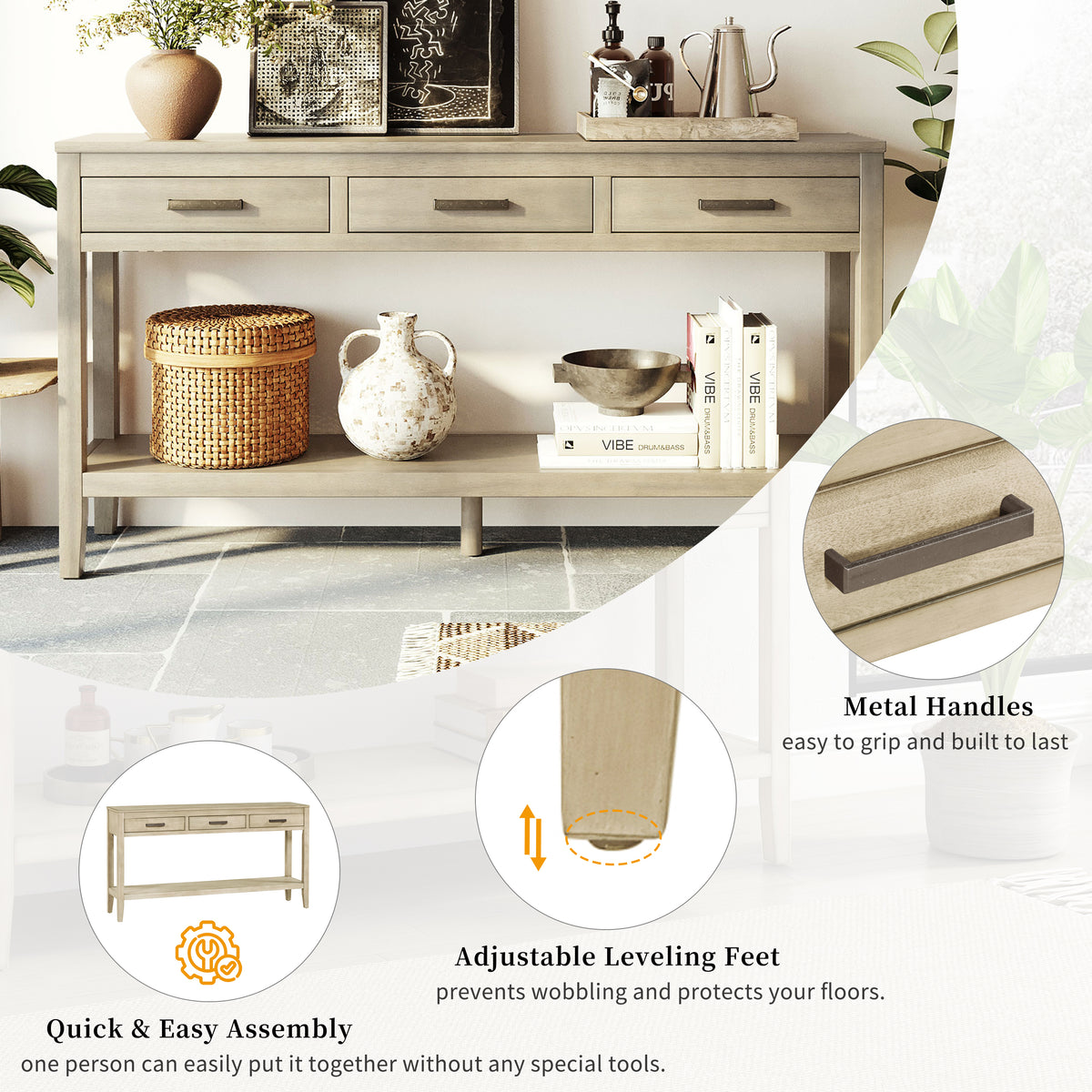 variant-group:rf-n711p410445e|Roomfitters 59.1" Farmhouse Entryway Table with 3 Drawers, Slim Console Sofa Table with Open Shelf for Hallway, Gray