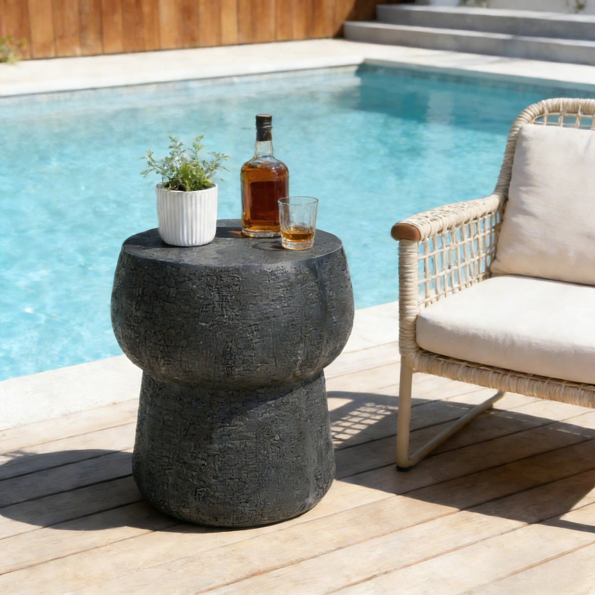 variant-group:rf-n711p422075b|Roomfitters Modern Black Double Barrel Patio Side Table, Distressed Concrete Coffee Table, MgO Garden Stool