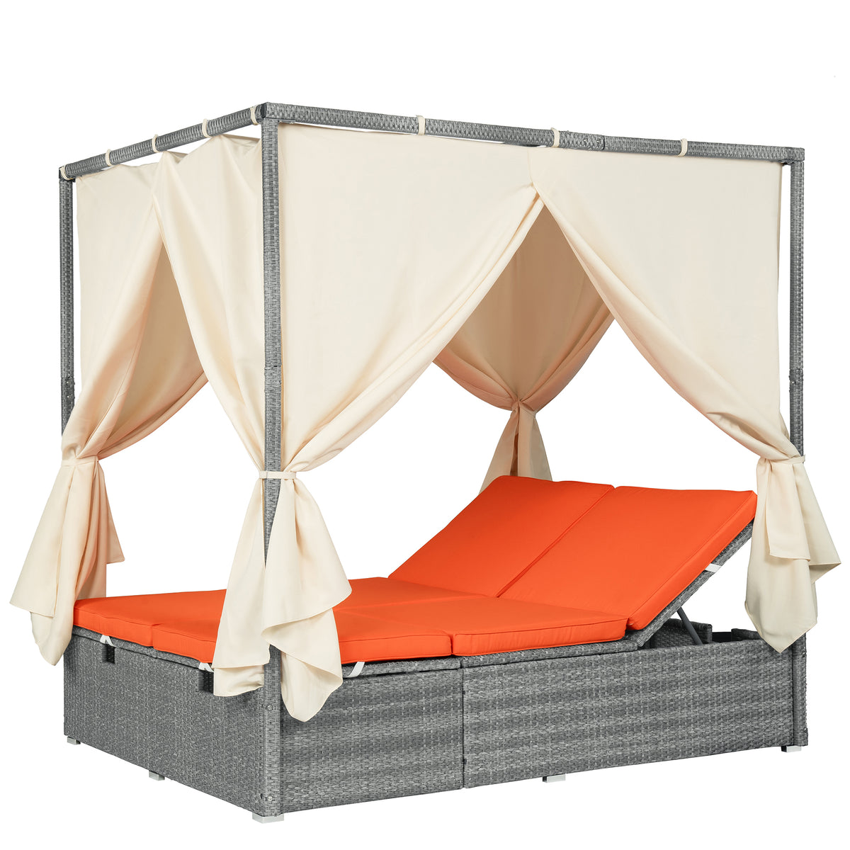 variant-group:rf-n711wy000471aao|Roomfitters Modern Tropical Orange PE Rattan Outdoor Double Sun Lounger, Patio Daybed, Adjustable Recline, Canopy