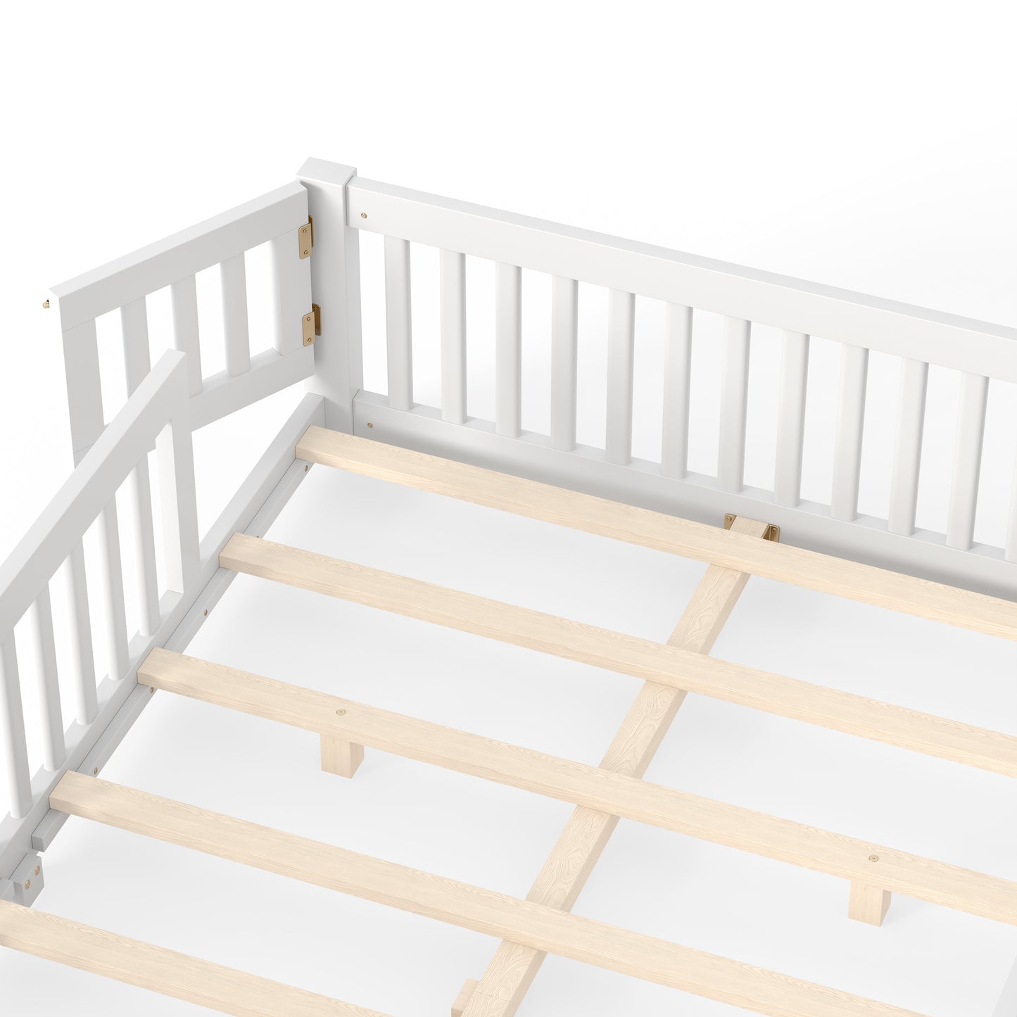 variant-group:rf-w1580p462324|Roomfitters Queen Size Wooden Floor Bed Frame with Safety Guardrails Door, Solid Wood Low Profile Toddler Play Bed, White