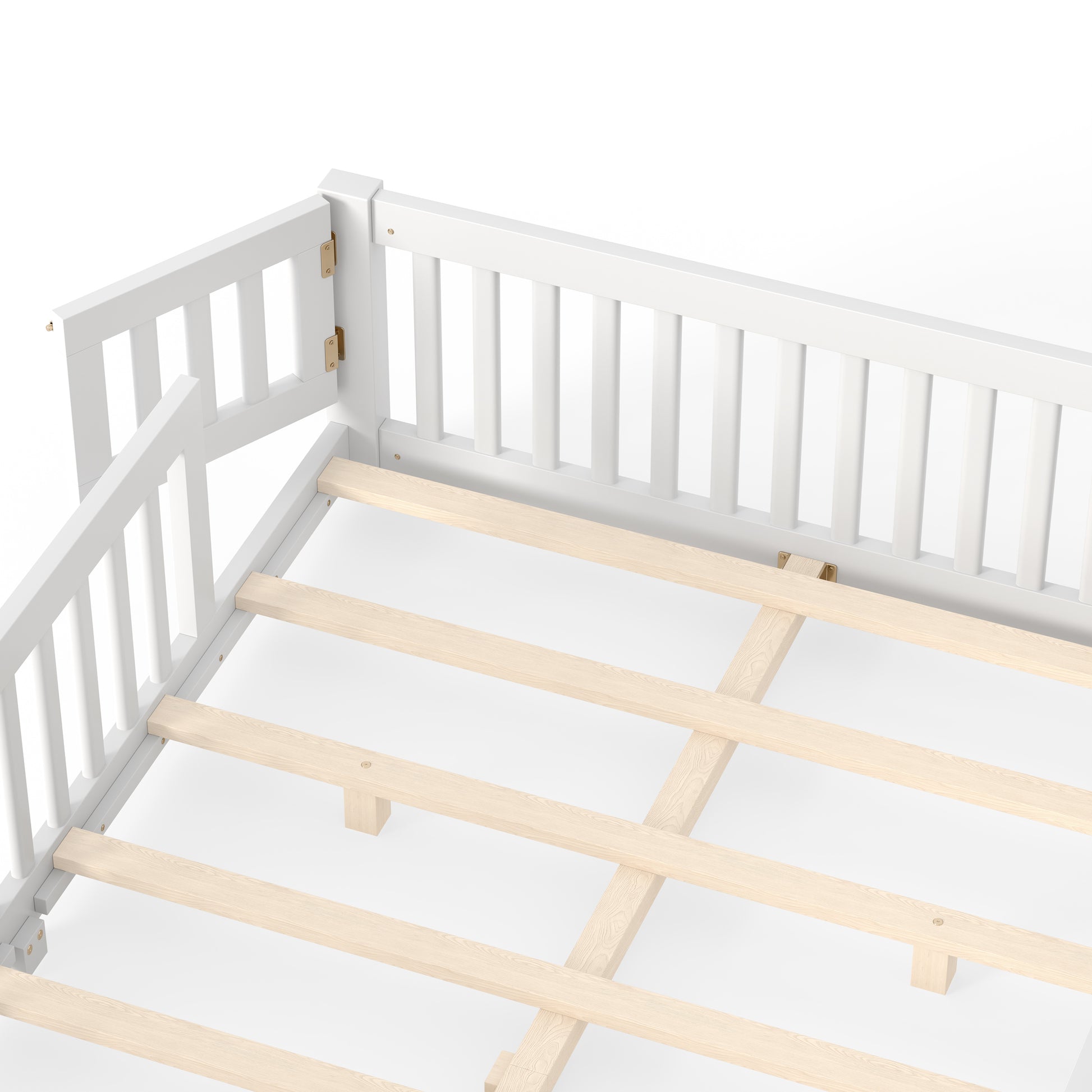 variant-group:rf-w1580p462324|Roomfitters Queen Size Wooden Floor Bed Frame with Safety Guardrails Door, Solid Wood Low Profile Toddler Play Bed, White