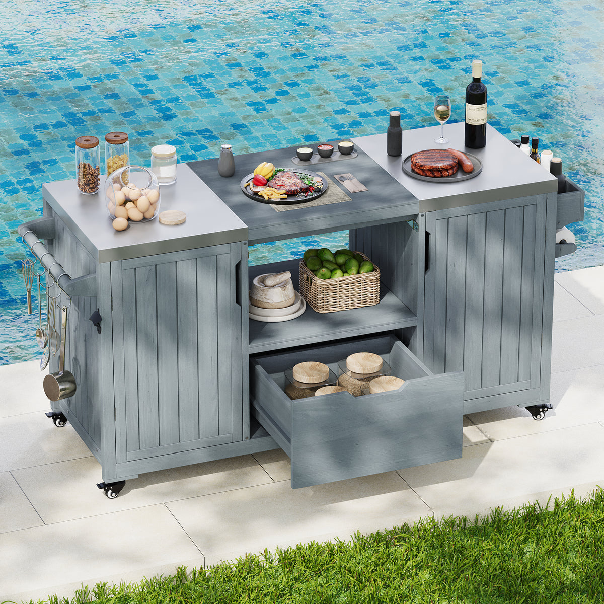 variant-group:rf-n707p250629g|Roomfitters 66.5" Outdoor Kitchen Island for Big Kamado Grills, Wood Grill Cart with Stainless Steel Top, Storage, Grey Blue