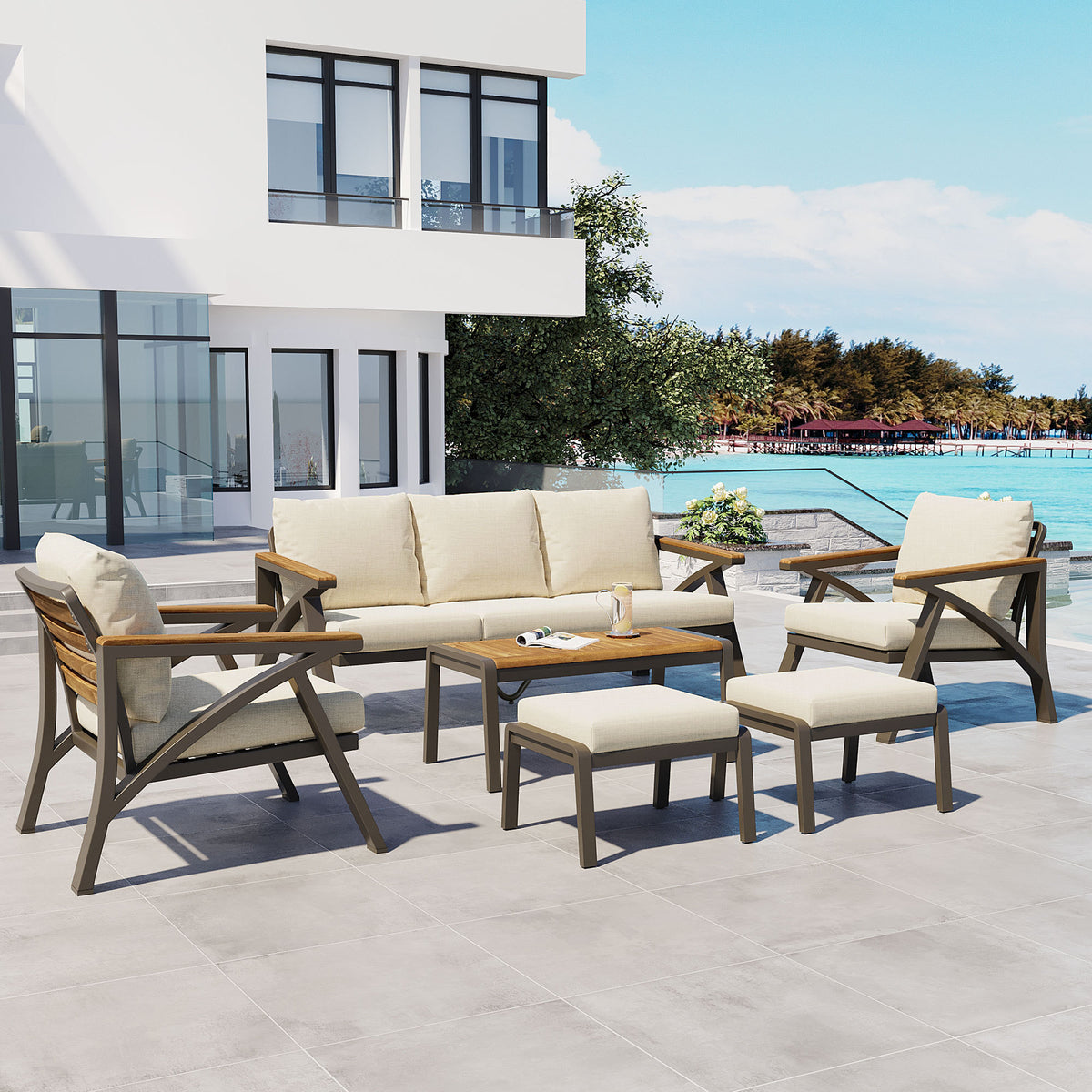 variant-group:rf-n704g201256a|Roomfitters 6-Piece Steel Conversation Set with 3-Seat Sofa Multi-Functional Ottomans and Acacia Wood Table Beige