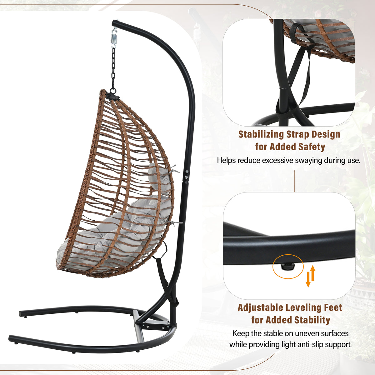 variant-group:rf-n711p389502g|Roomfitters Indoor Outdoor Hanging Egg Hammock Chair with Stand, Wicker Rattan Swing for Patio and Bedroom, Brown+Gray