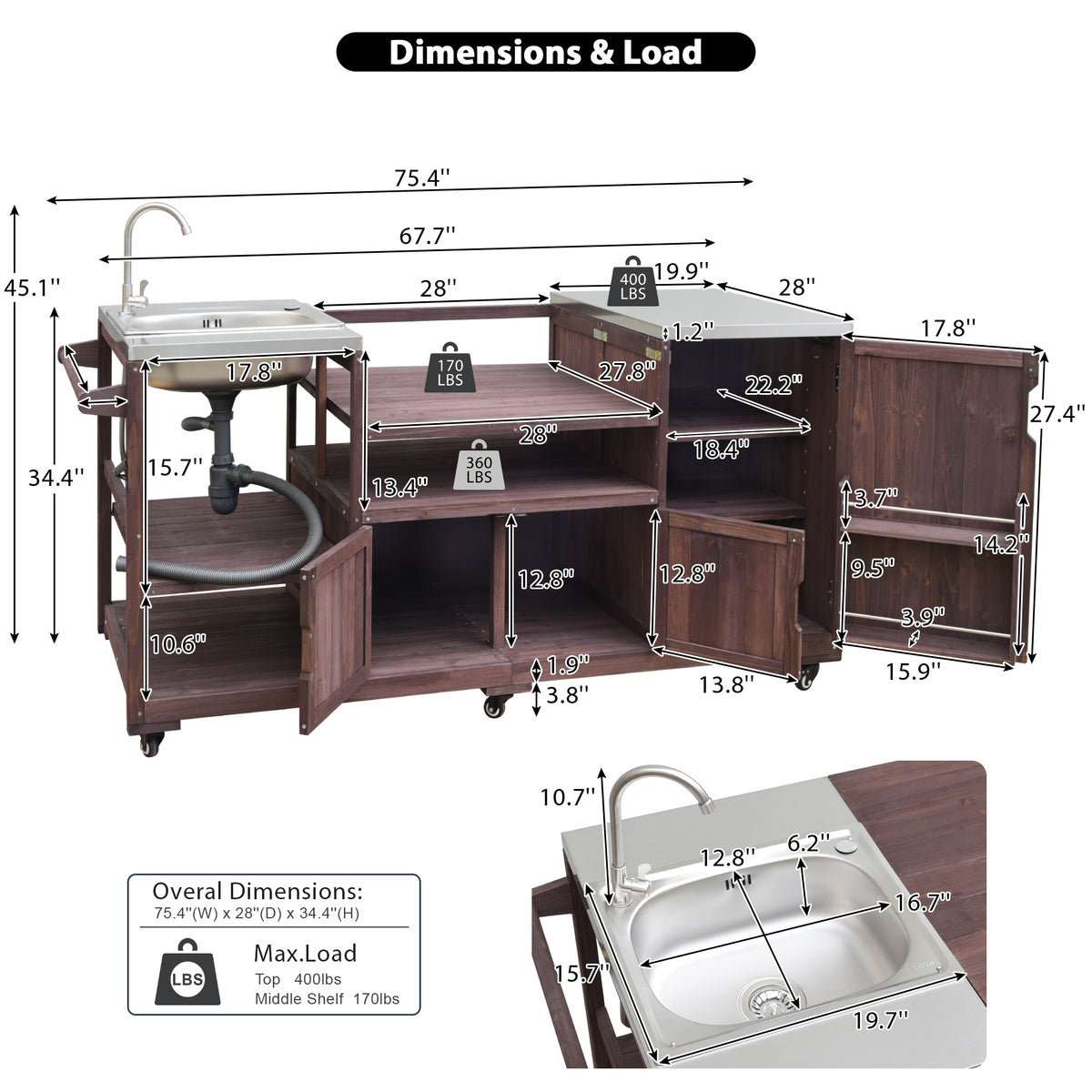 variant-group:rf-n707s000022z|Roomfitters 75.4" Outdoor Kitchen Island with Sink, Fir Wood Grill Cart for XL Green Egg & Tabletop Grills, Brown