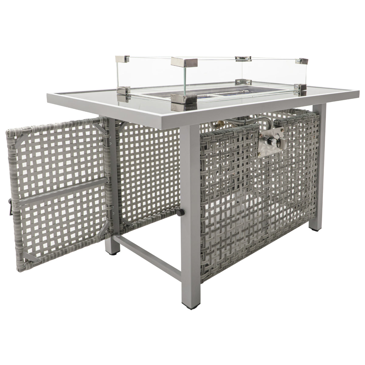 variant-group:rf-n707p210158g|Roomfitters 43" Propane Fire Pit Table, 60,000 BTU Rectangular Wicker Fire Pit with Glass Wind Guard for Patio, Grey