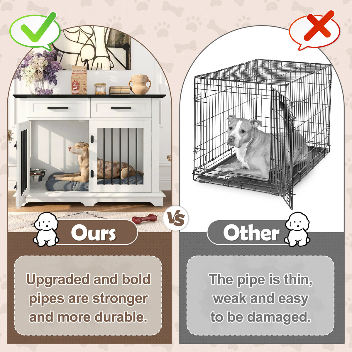 variant-group:rf-n704p379112k|Roomfitters 44-Inch Decorative Dog Crate Furniture Indoor Wooden Kennel End Table with 360 Rotating Bowls White and Black