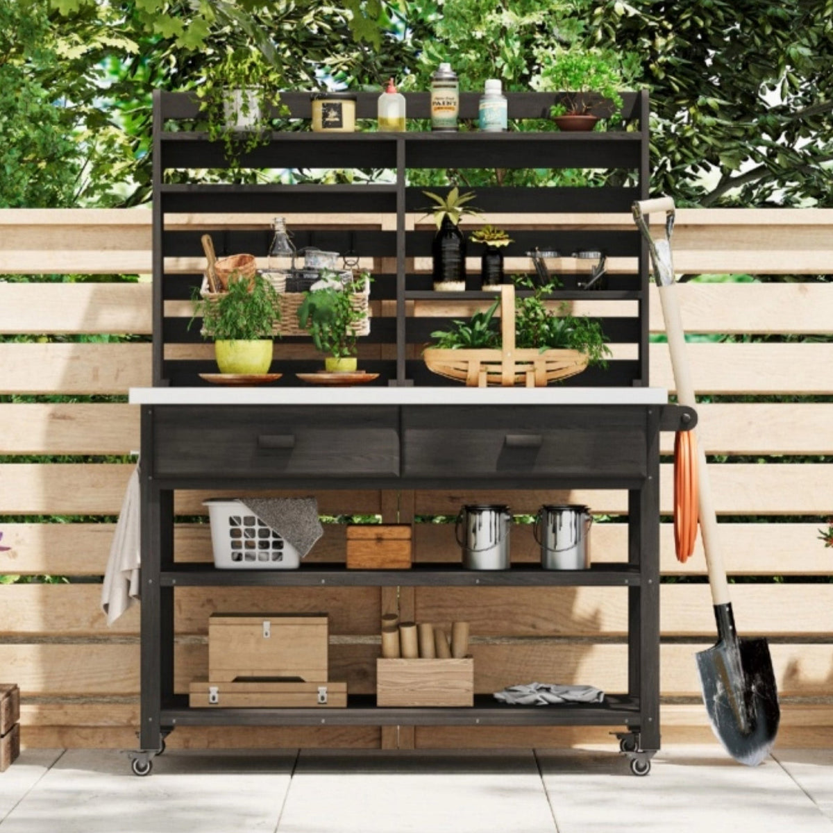 Roomfitters 64.9" Outdoor Potting Bench & Kitchen Island with Stainless Steel Top, Propane Rack & Lockable Wheels, Black