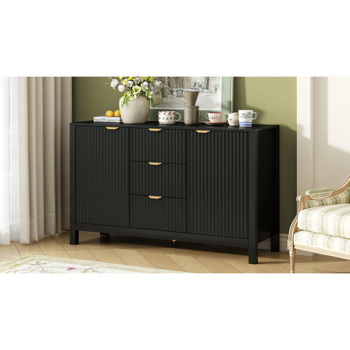variant-group:rf-n711wy000539aak|Roomfitters Modern White Fluted 4-Door Tall Wine Bar Storage Cabinet, Glass Display Rack, Built-In LED Lighting